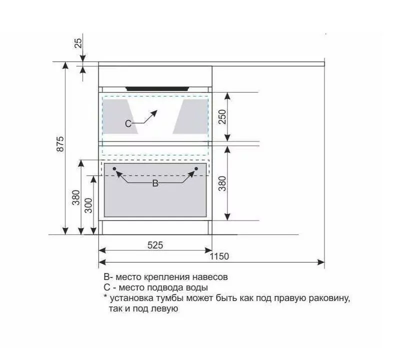 Тумба напольная Style Line Даллас 115 Люкс Plus ПВХ с раковиной Даллас 115 под стиральную машину, правая, белая