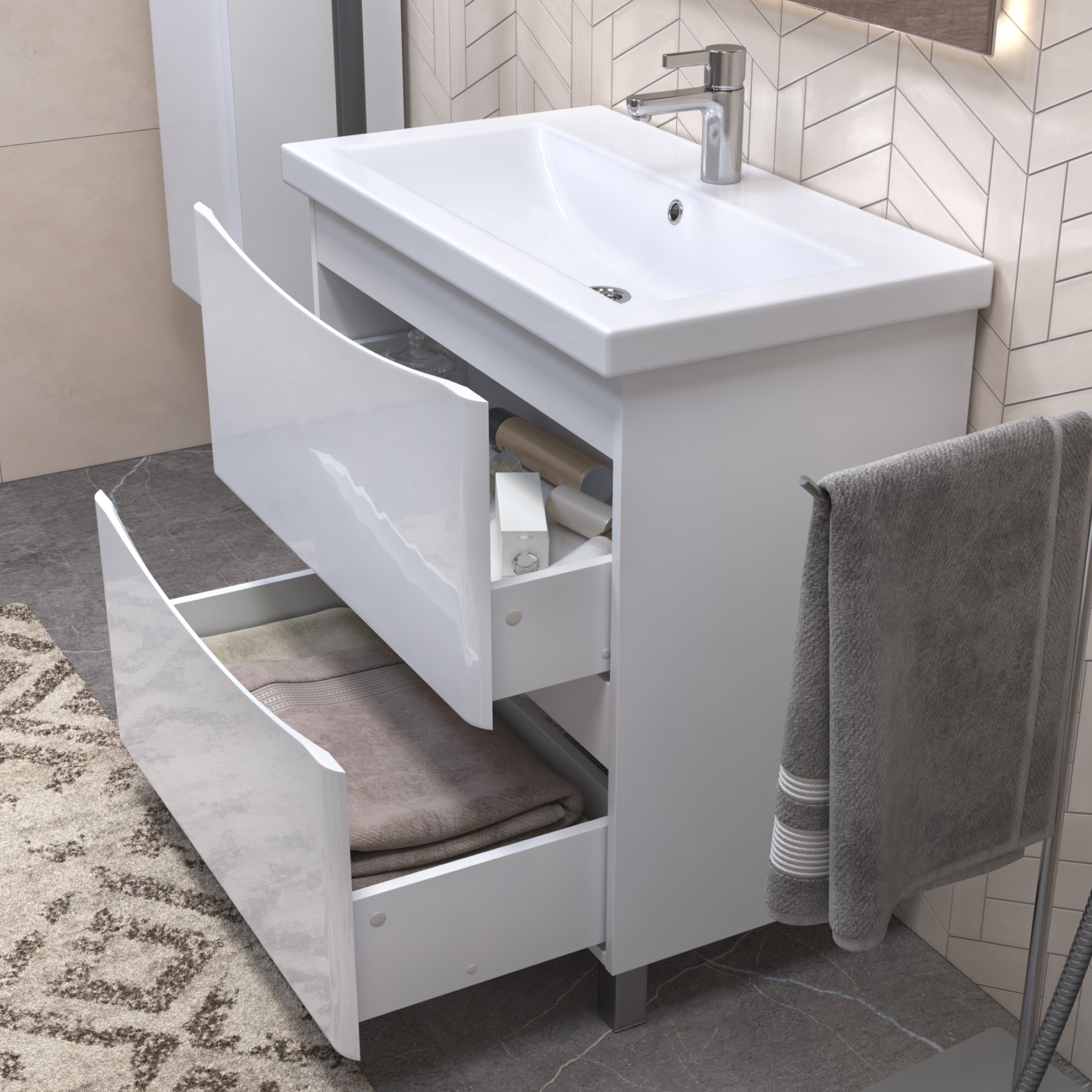 Тумба напольная Vigo Glem 800-0-2 с раковиной Como 80, 2 ящика, белый