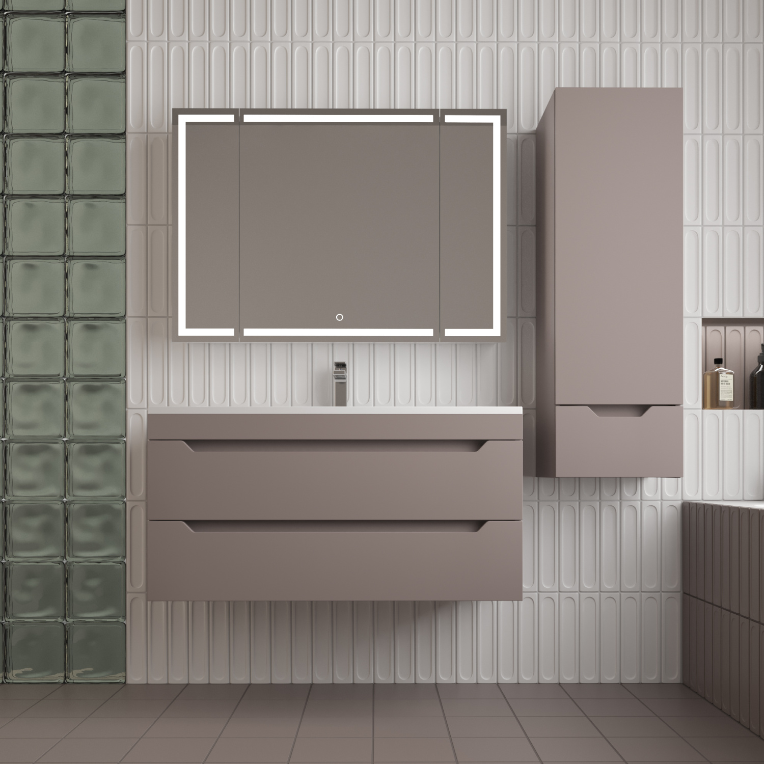 Тумба подвесная Style Line Остин 100 с раковиной Фортуна 100 серый шелк, тауп темный