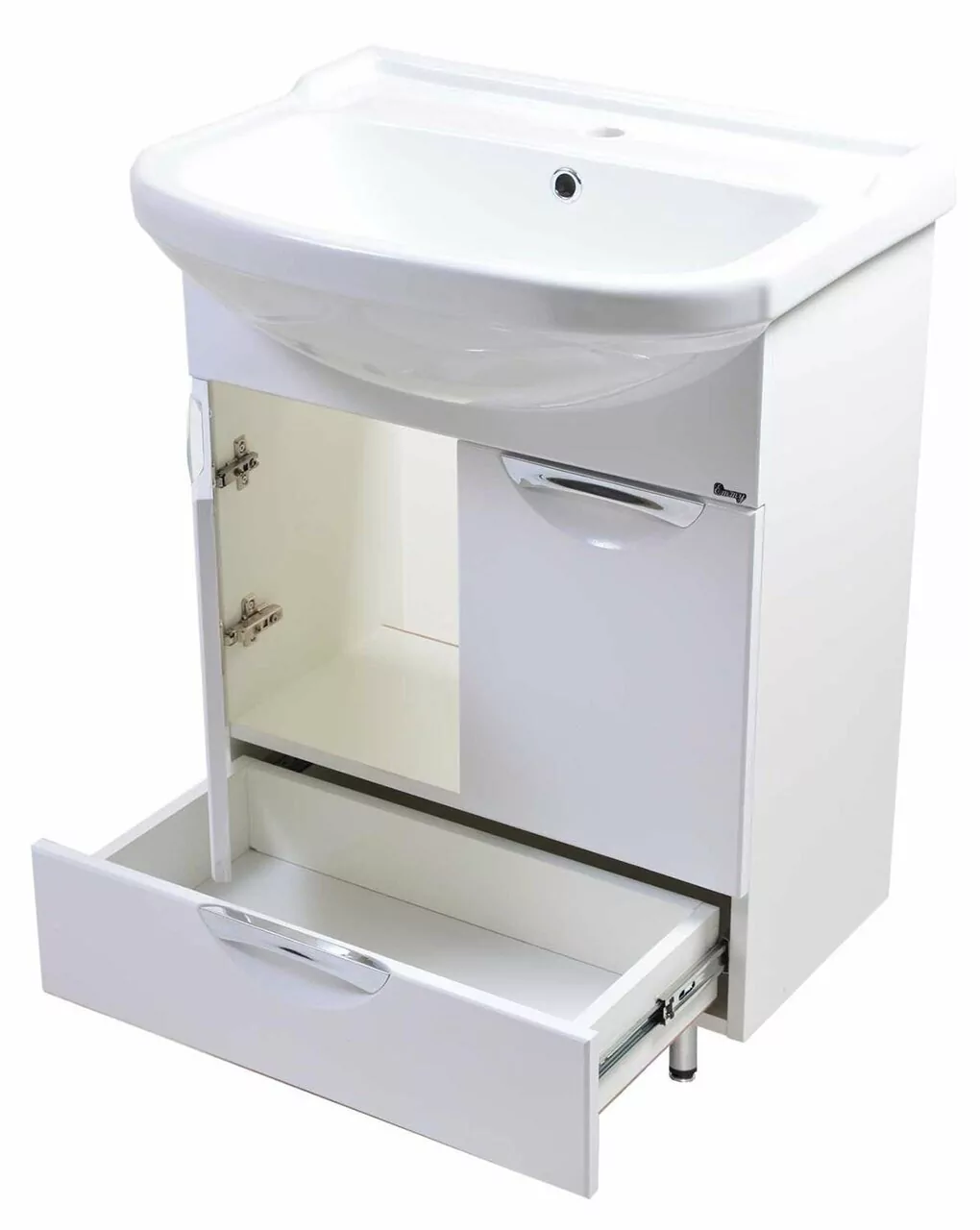 Тумба Emmy Милли с раковиной Уют 55 напольная, с нижним ящиком, белая