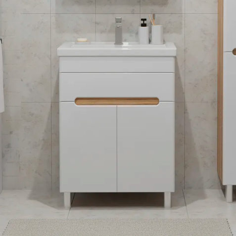 Тумба напольная SanStar Модена 60 с раковиной Фостер 60, белая, дуб вотан