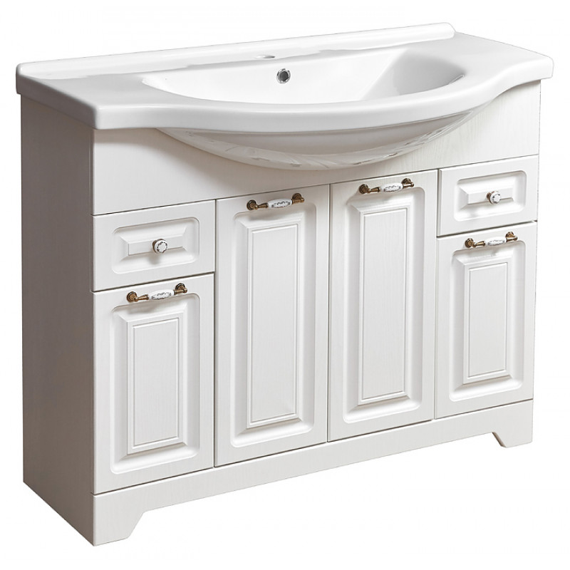 Тумба напольная Stella Polar Кармела 105 с раковиной Элеганс 105, 2 ящика, 4 двери, ольха белый