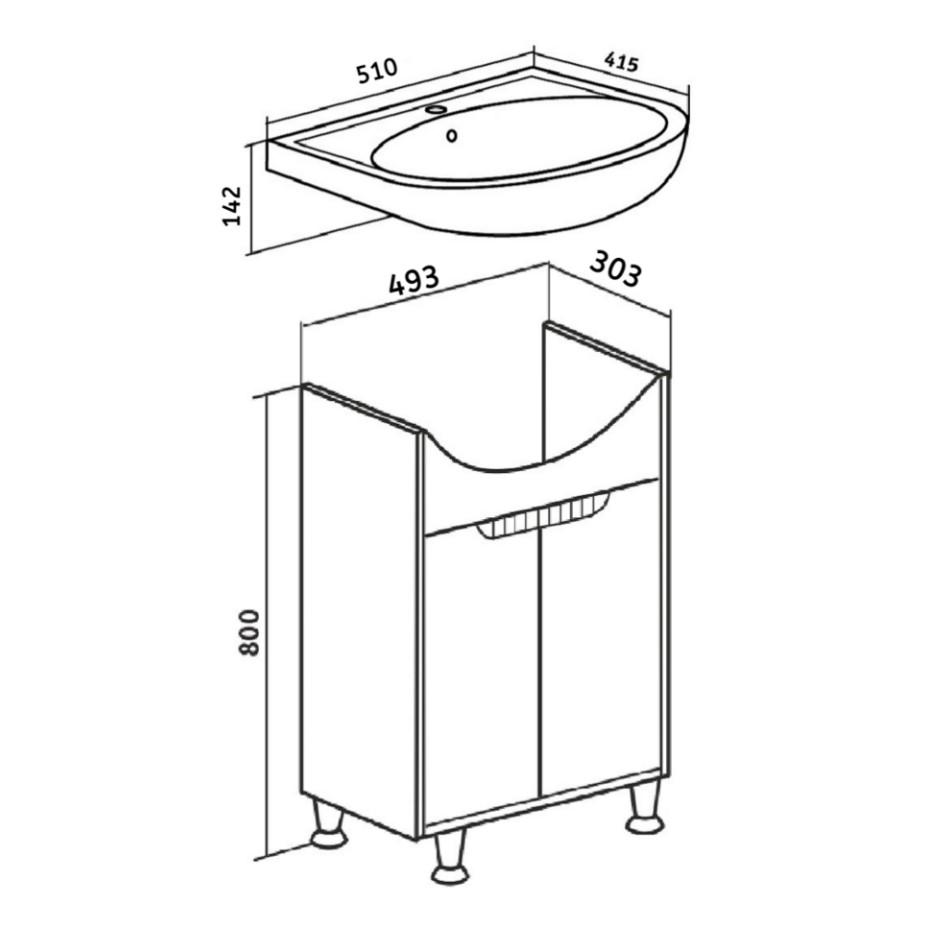 Тумба напольная Runo Эконова с раковиной Уют 50, 2 двери, бирюзово-белый
