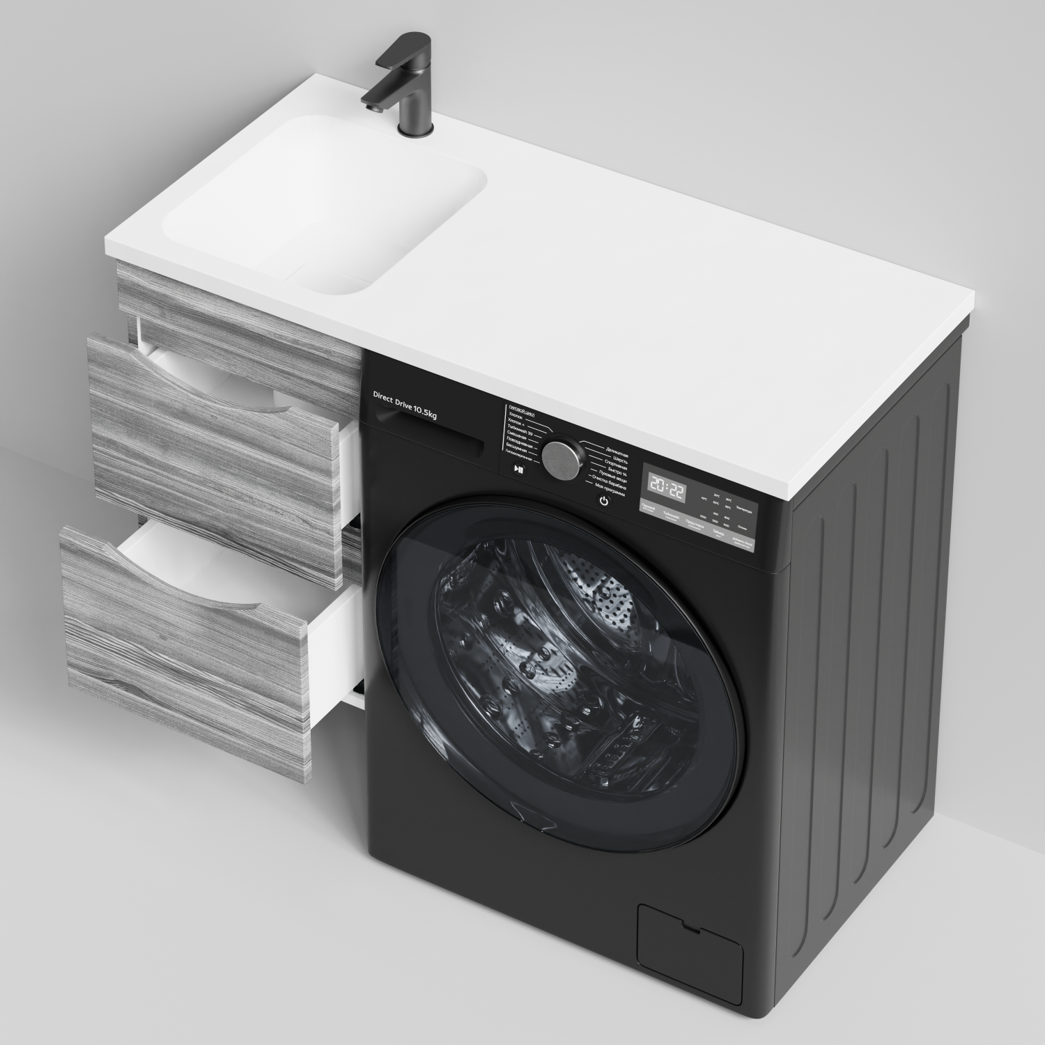 Тумба Vod-ok 38 с раковиной Смайл 100 подвесная, под стиральную машину, левая, Лиственница структурная контрастно-серая