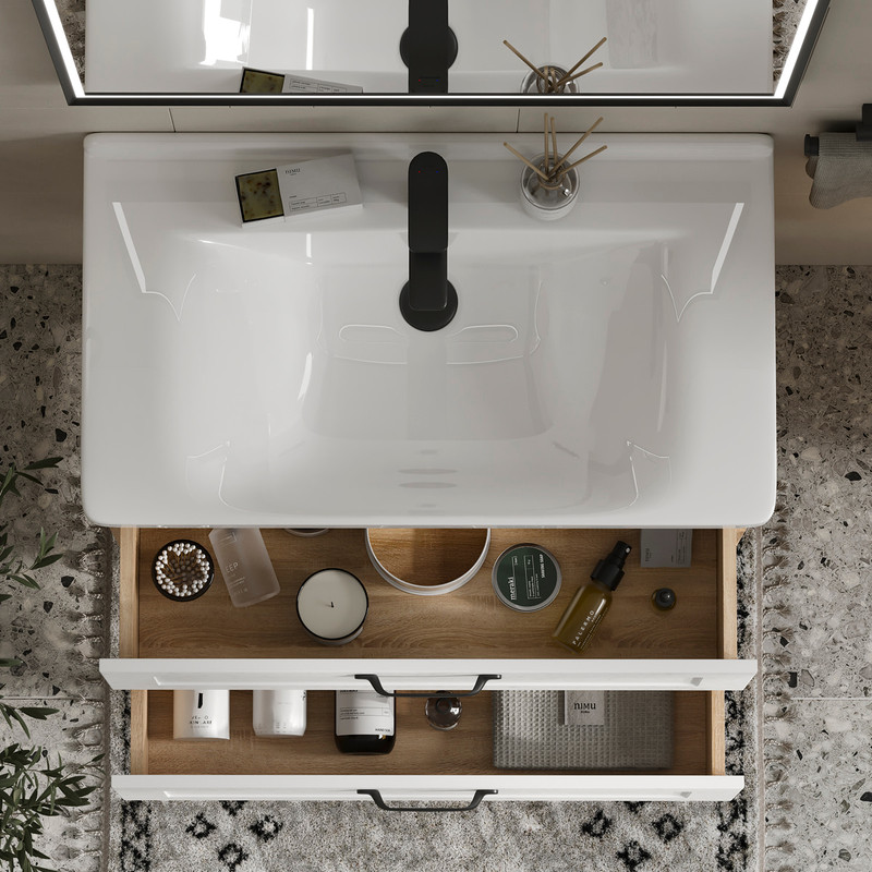 Тумба с раковиной EQUIL Lago 80 подвесная, 2 ящика, белый/дуб сонома