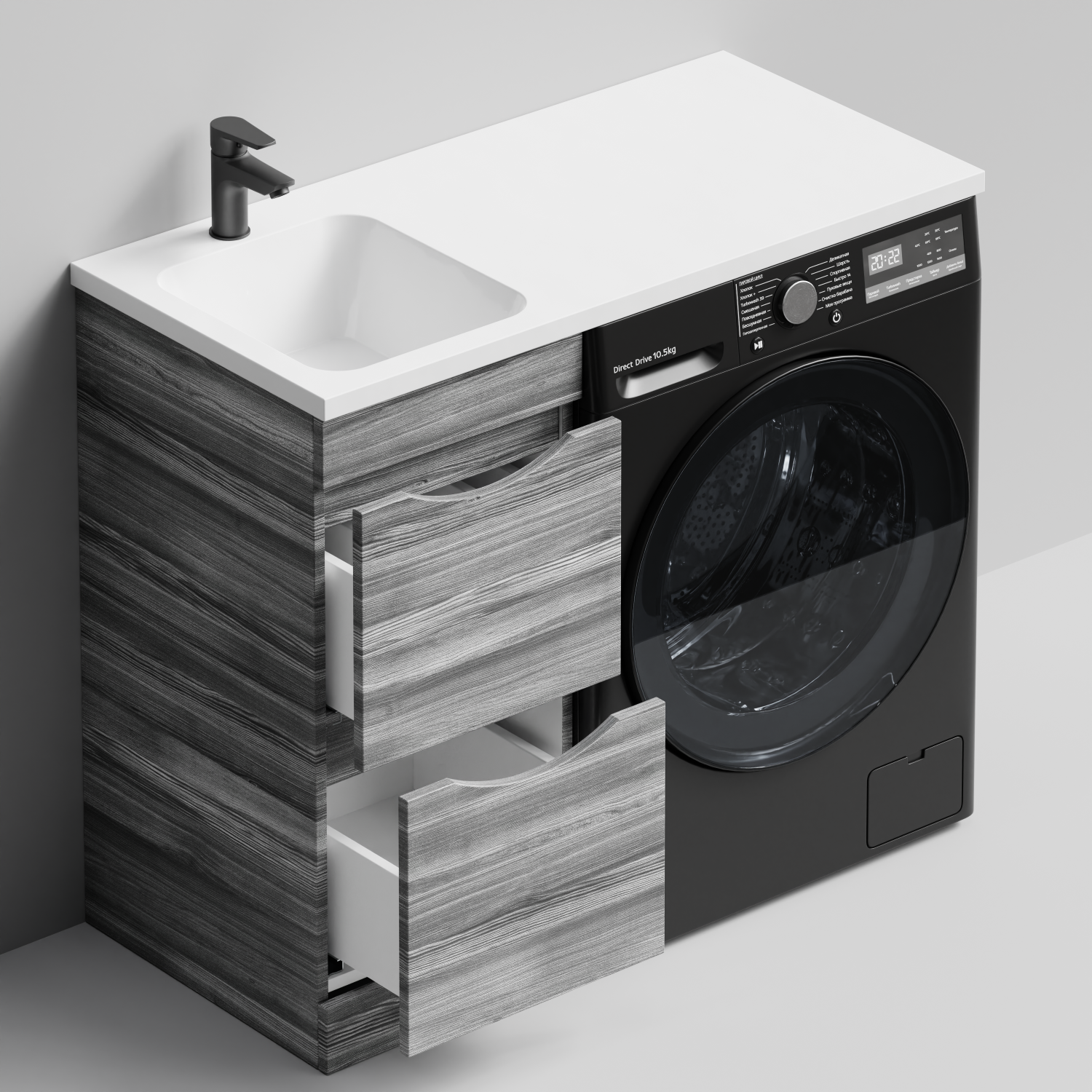 Тумба Vod-ok 38 с раковиной Смайл 100 напольная, под стиральную машину, левая, Лиственница структурная контрастно-серая