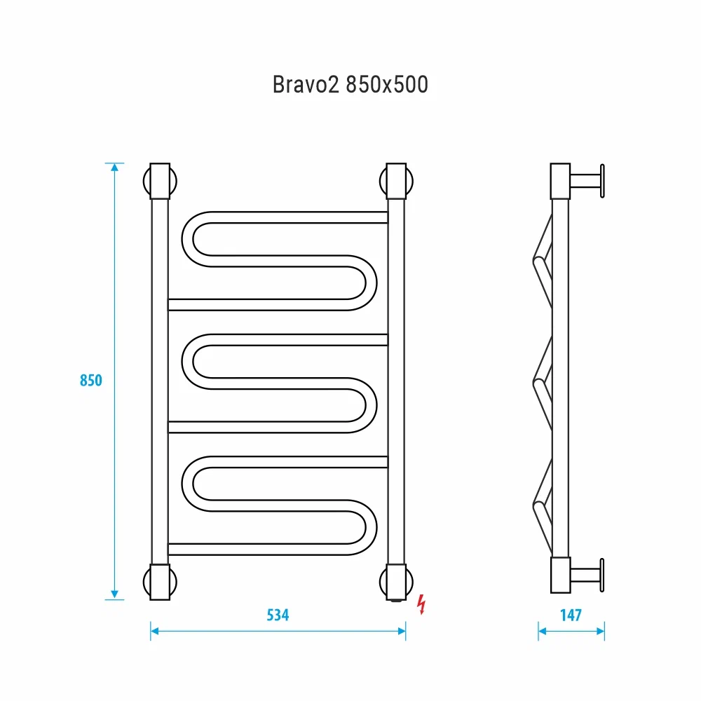 Полотенцесушитель электрический Energy Bravo2 850x500 черный матовый, тип "лесенка",  скрытое/наружное подключение от магазина Vanna-Vanna.ru!