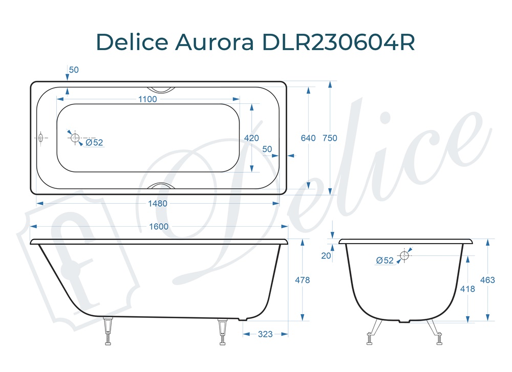 Ванна чугунная Delice Aurora 160х75 DLR230604R с отверстиями под ручки