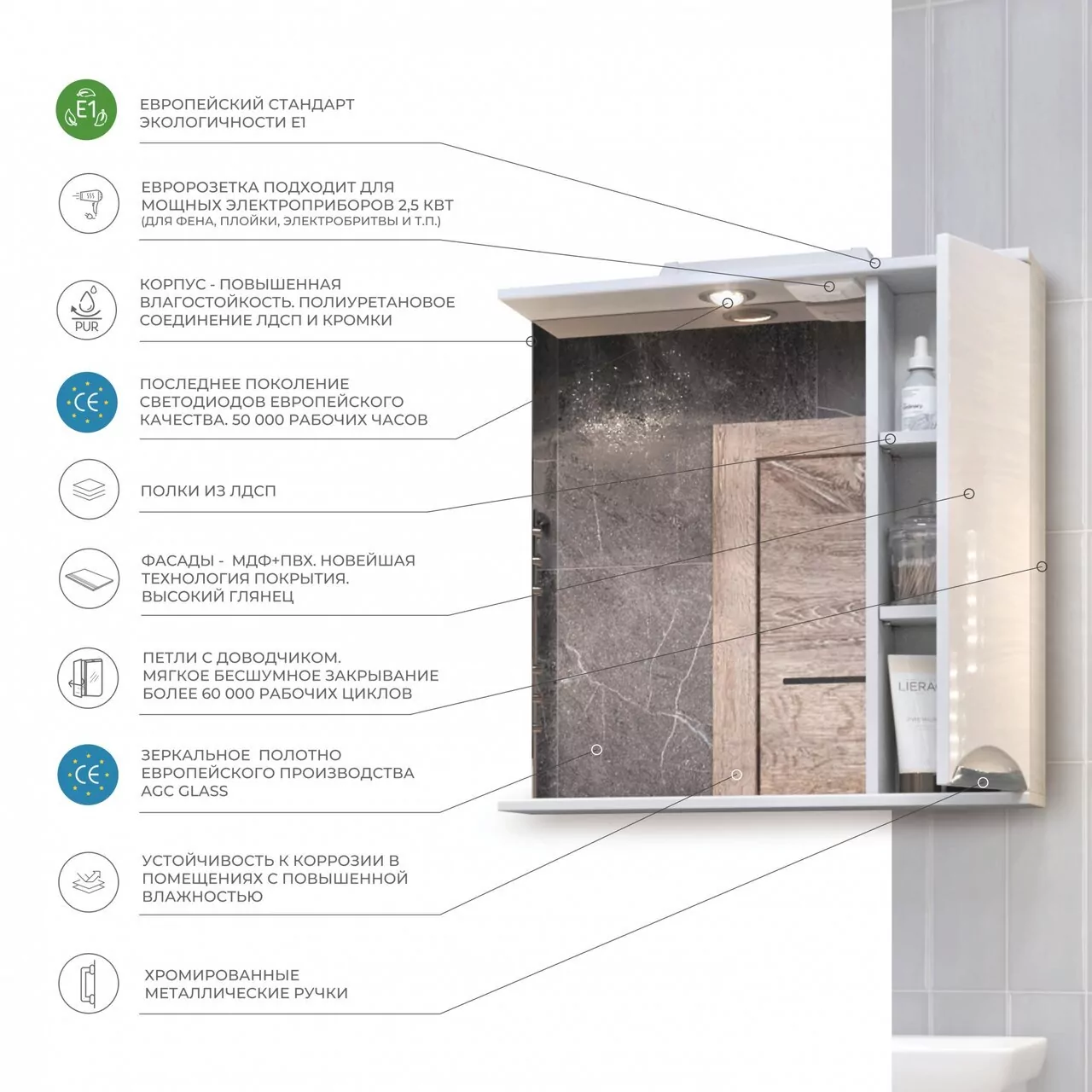 Зеркало со шкафчиком Vigo Callao 50 R, свет, белый