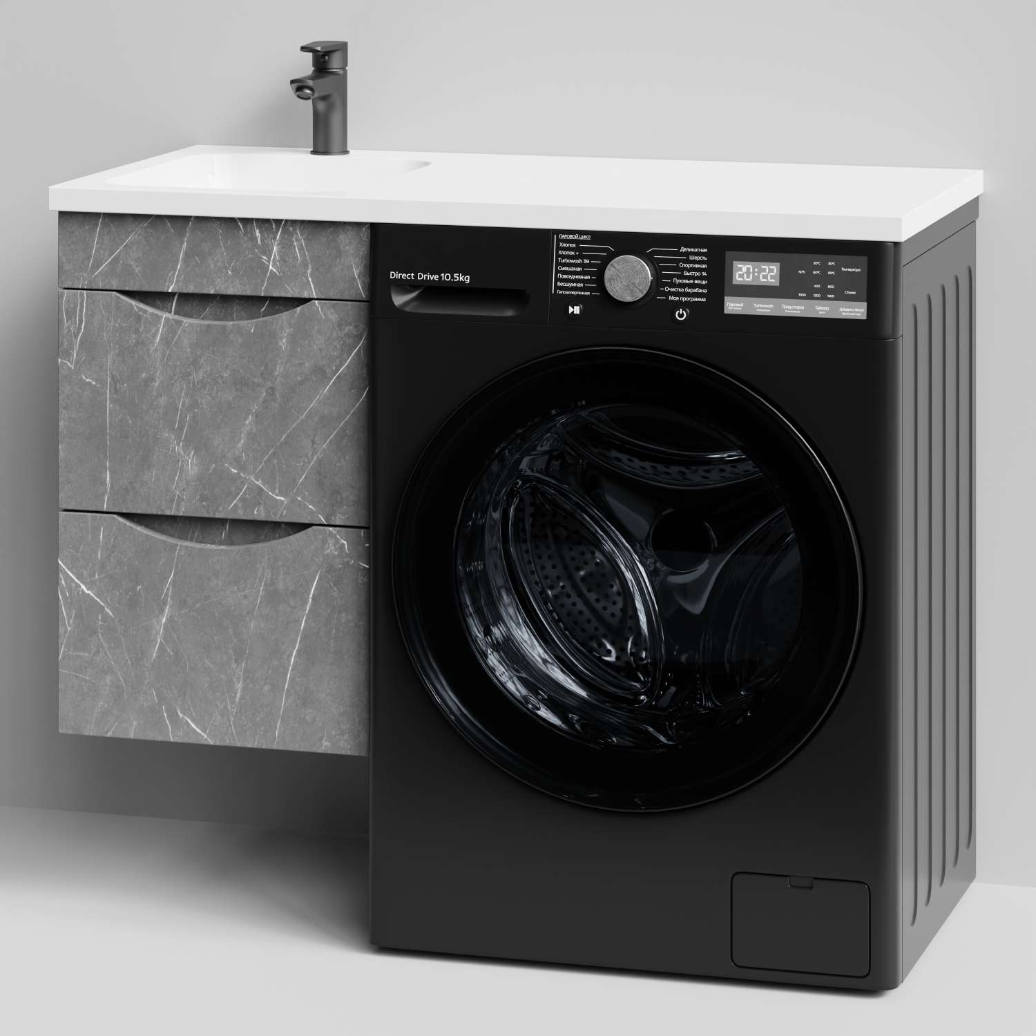 Тумба Vod-ok 38 с раковиной Смайл 100 подвесная, под стиральную машину, левая, Мрамор Серый софт тач