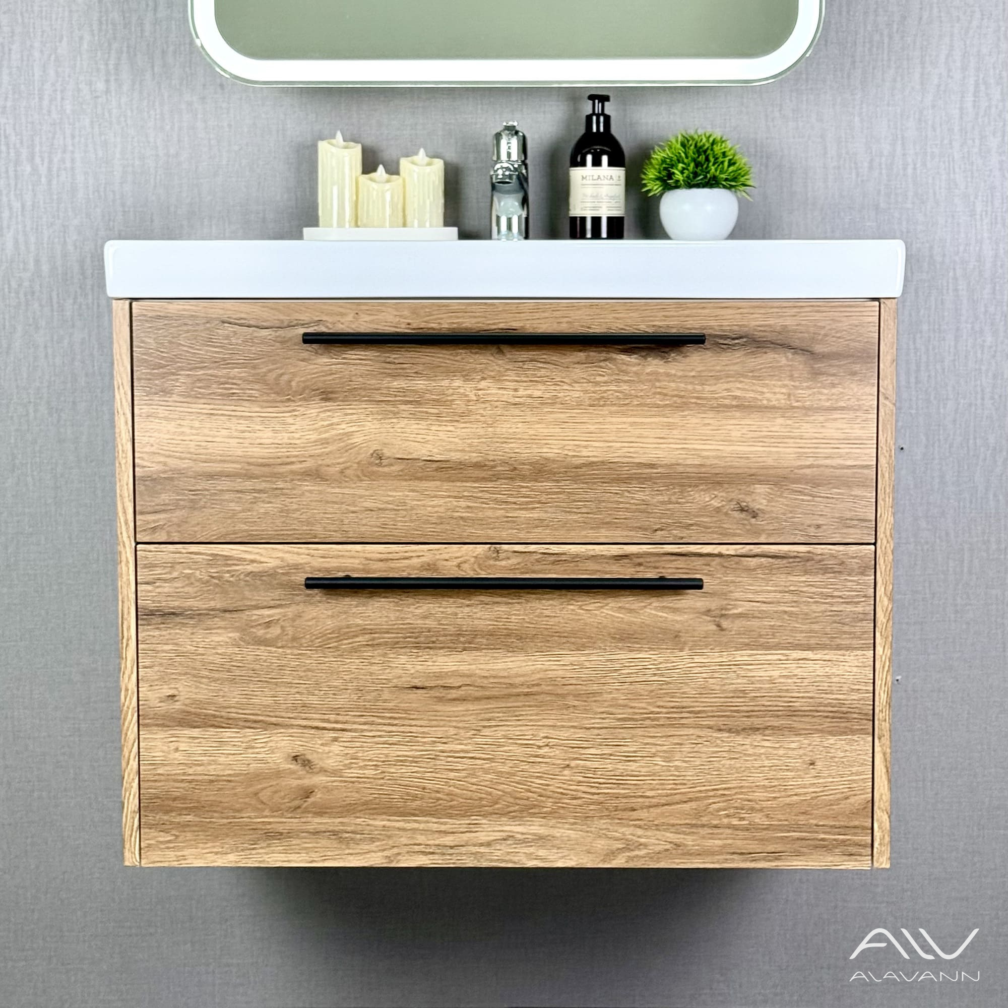 Тумба подвесная Alavann Rondo 80 с раковиной Moduo 80, дуб