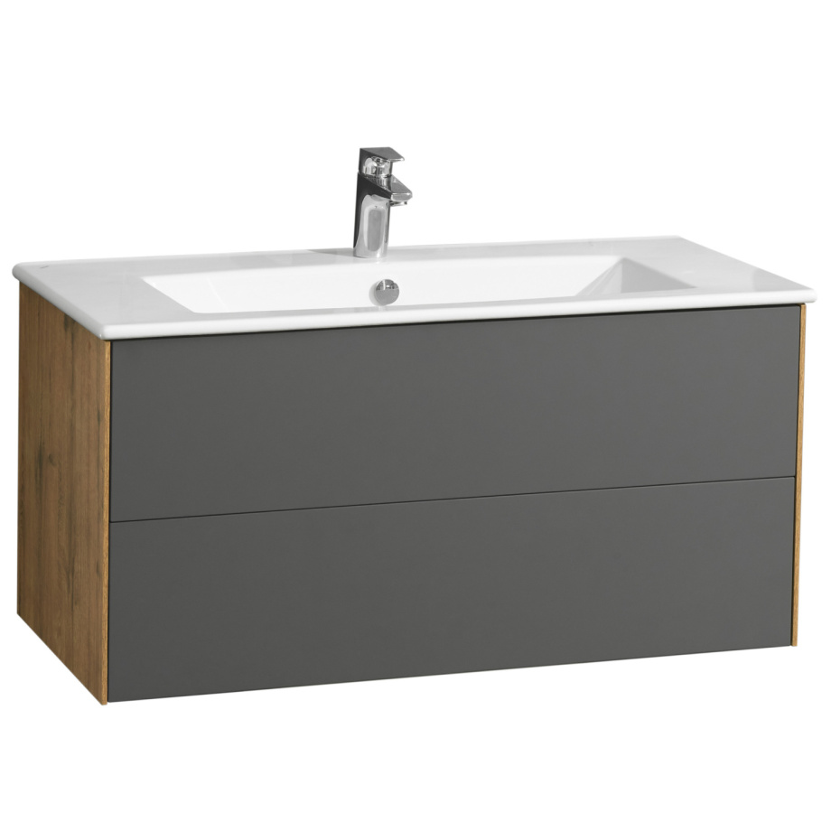 Тумба подвесная Aquaton Сохо 100 с раковиной Элина 100, веллингтон/графит софт