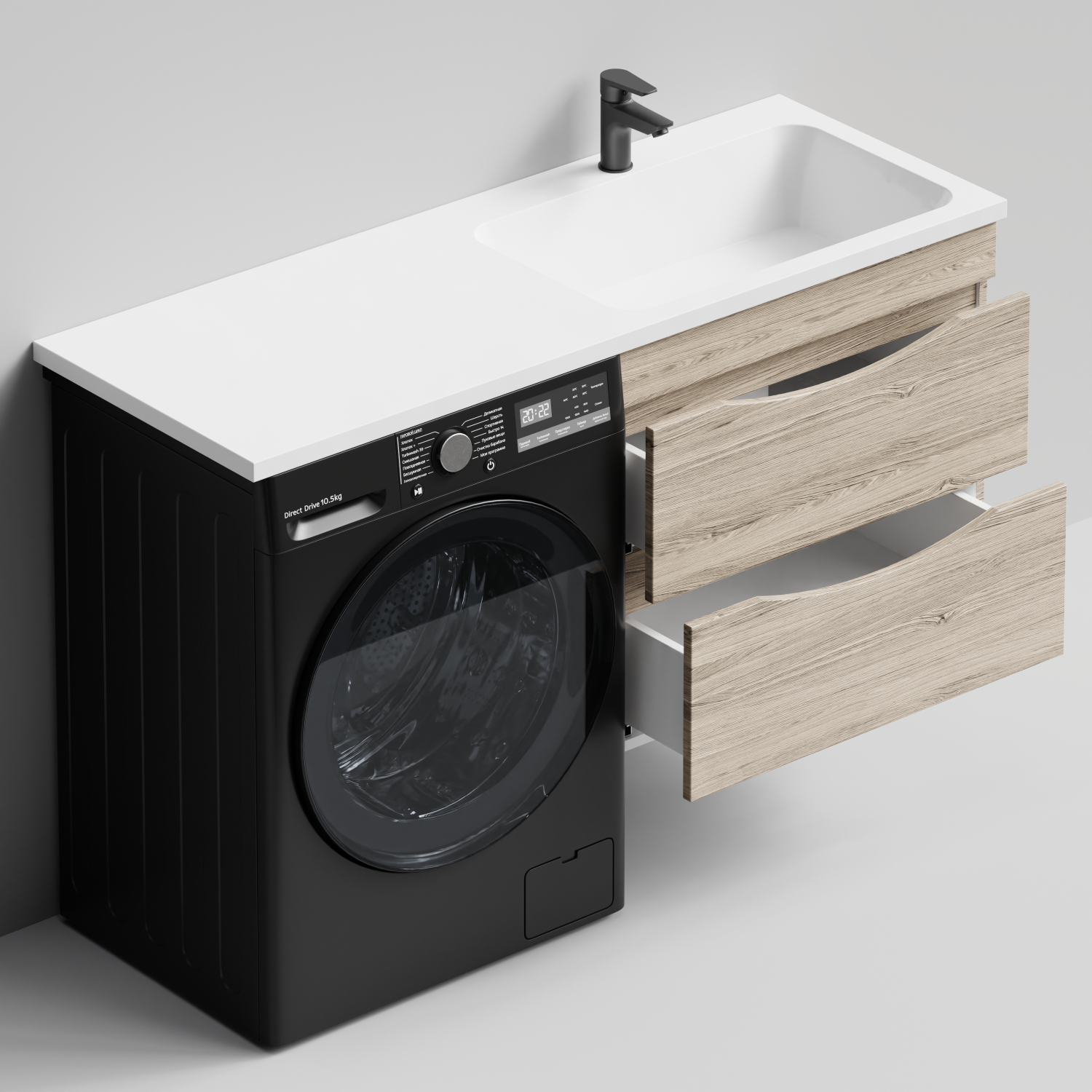 Тумба Vod-ok 68 с раковиной Смайл 130 подвесная, под стиральную машину, правая, Дубослив ореховый светлый