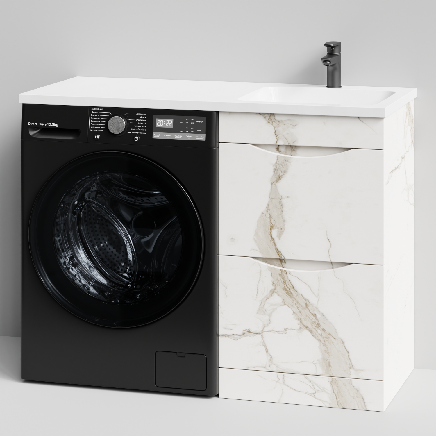 Тумба Vod-ok 48 с раковиной Смайл 110 напольная, под стиральную машину, правая, Мрамор Белый натур милк