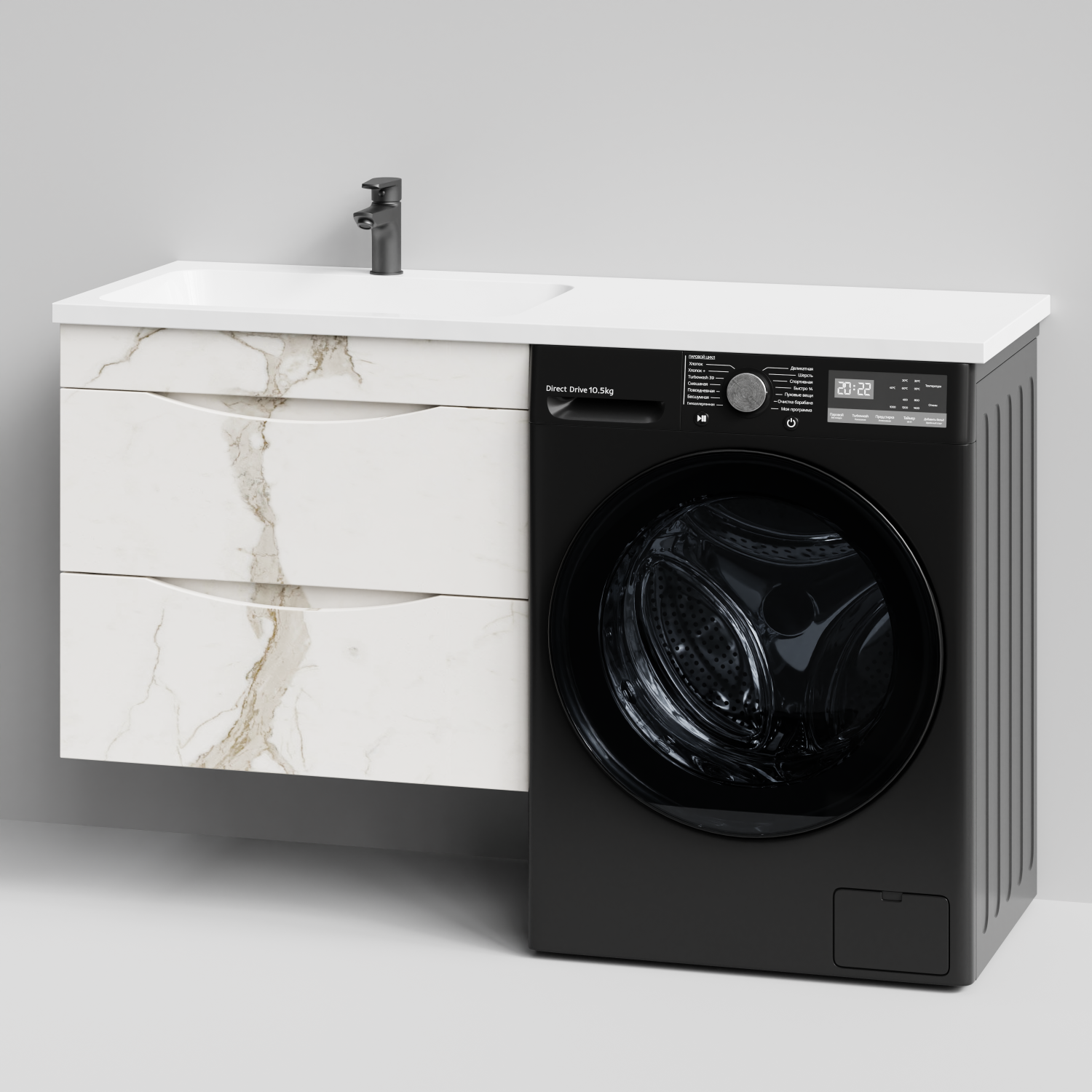 Тумба Vod-ok 68 с раковиной Смайл 130 подвесная, под стиральную машину, левая, Мрамор Белый натур милк