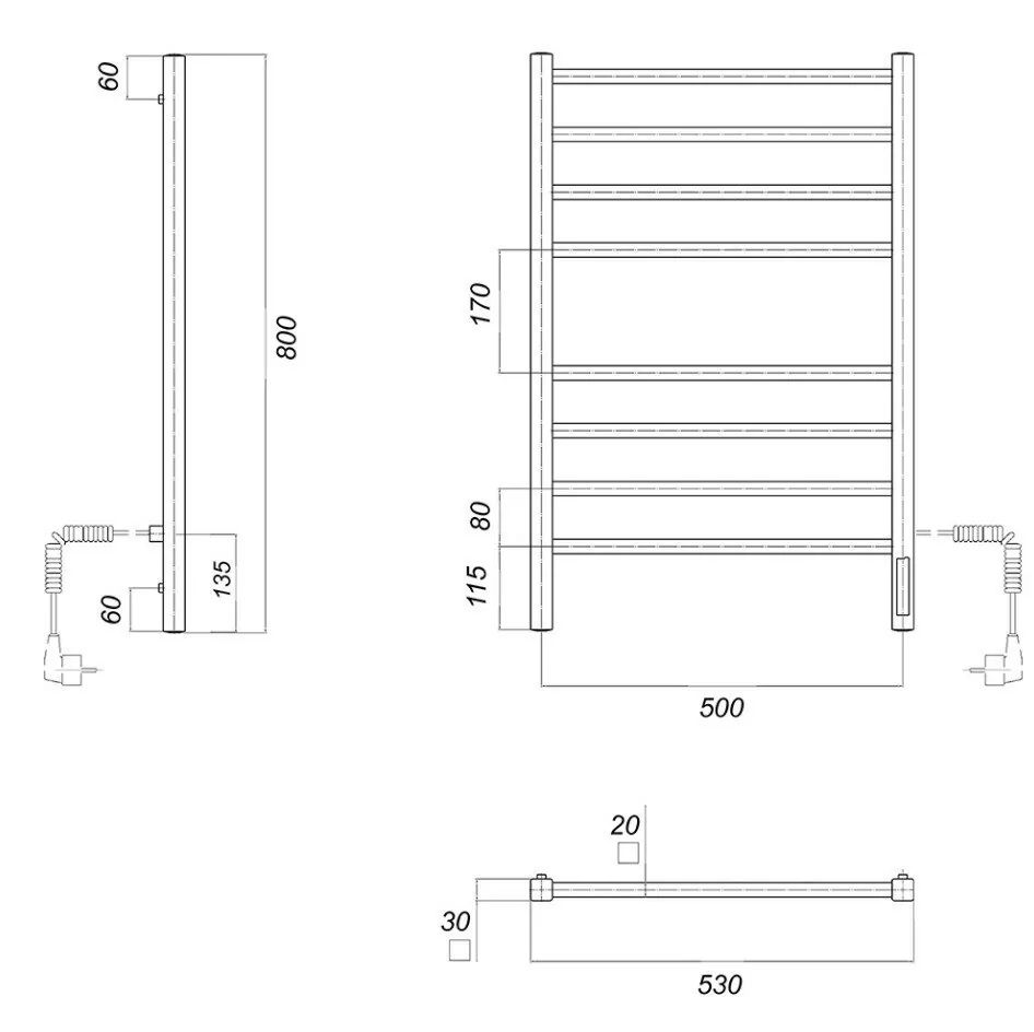 Полотенцесушитель электрический Domoterm Квадро П8 500x800 EK R правый, белый матовый