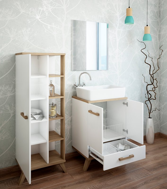 Тумба Sanflor Ингрид 60 с накладной раковиной MARAZZI Plaza 55 напольная, белый матовый, швейцарский вяз