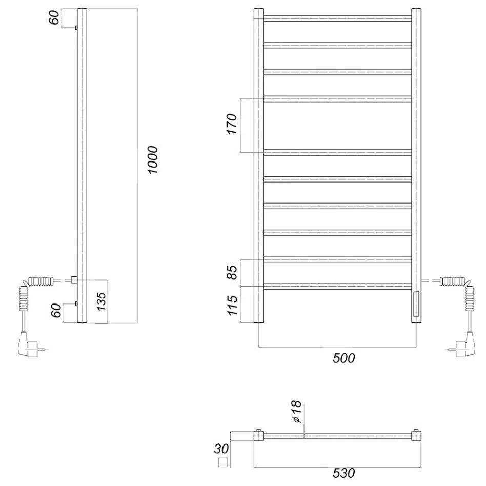 Полотенцесушитель электрический Domoterm Куба П10 500x1000 EK R правый, черный матовый