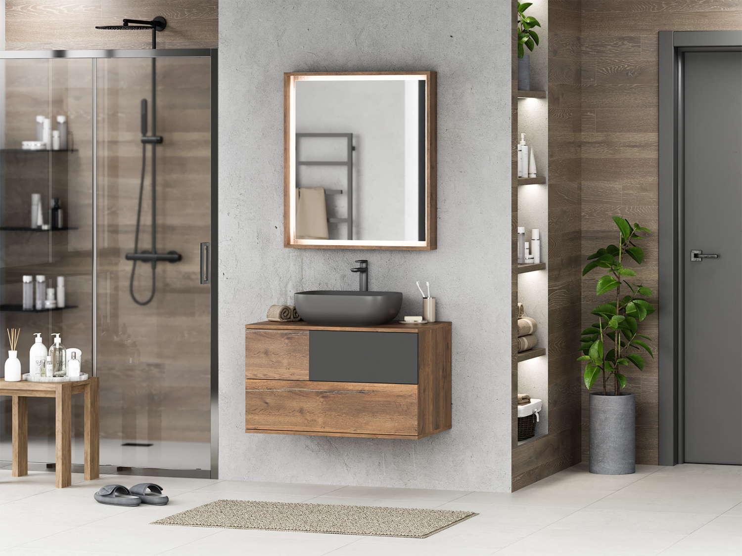 Тумба с раковиной Misty Коломбо 80 подвесная, дуб галифакс/антрацит