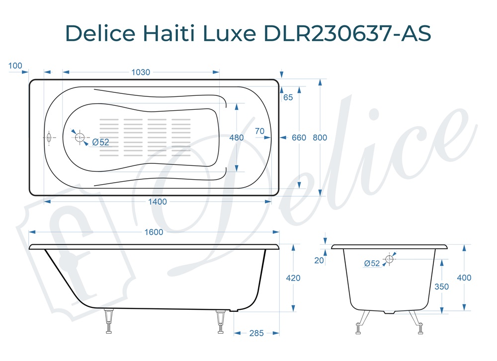 Ванна чугунная Delice Haiti Luxe 160х80 DLR230637-AS с антискользящим покрытием