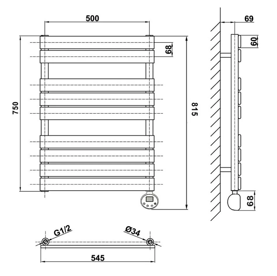 Полотенцесушитель электрический Domoterm Вита П9 500х748 ER правый, черный матовый
