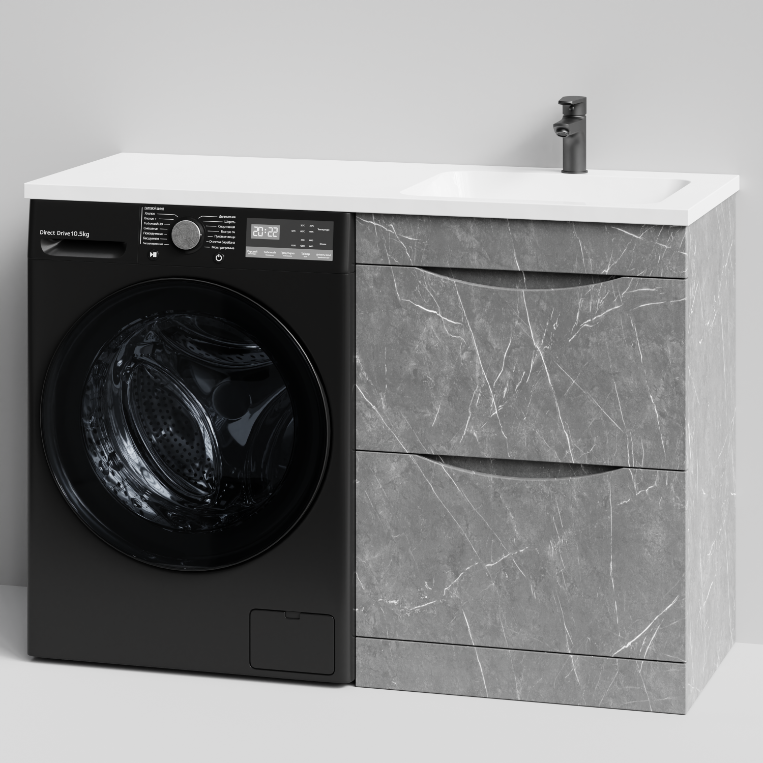 Тумба Vod-ok 58 с раковиной Смайл 120 напольная, под стиральную машину, правая, Мрамор Серый софт тач