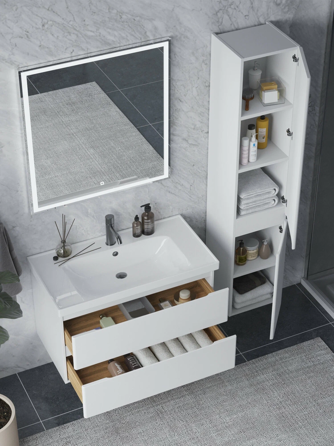 Тумба подвесная SanStar Riana 90 с раковиной Грейс 90 белая