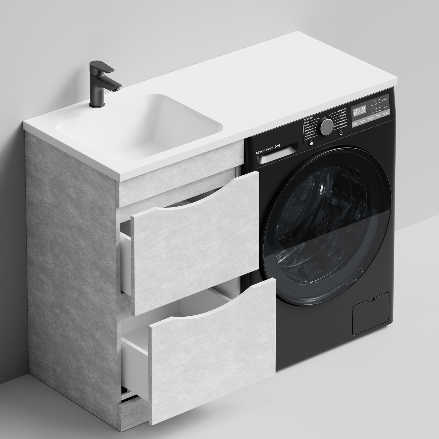 Тумба Vod-ok 48 с раковиной Смайл 110 напольная, под стиральную машину, левая, Белый камень