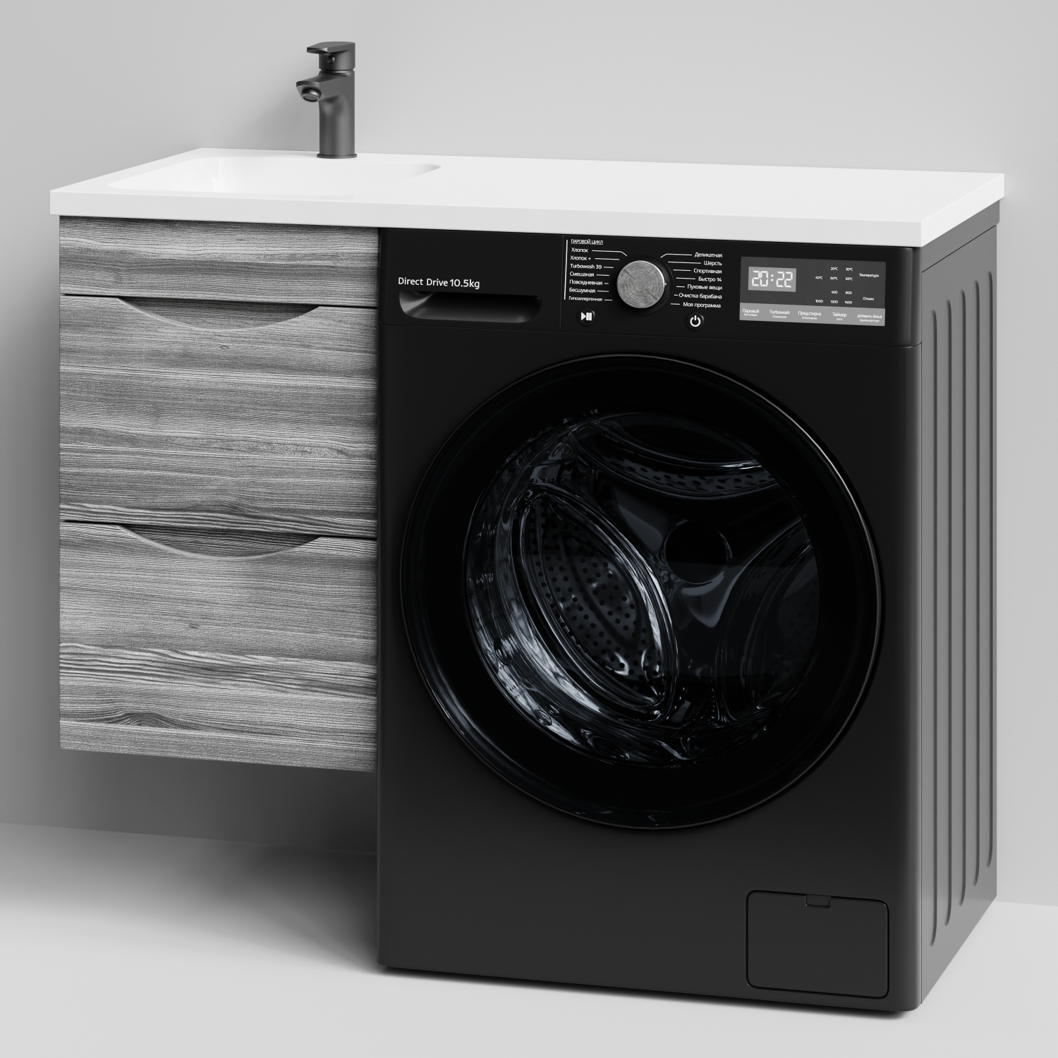 Тумба Vod-ok 38 с раковиной Смайл 100 подвесная, под стиральную машину, левая, Лиственница структурная контрастно-серая