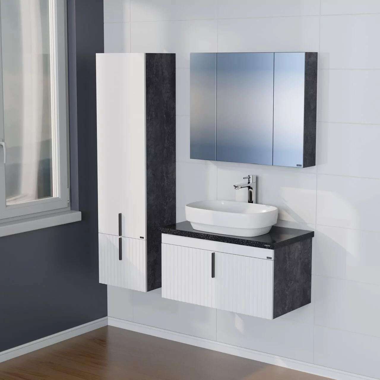 Тумба подвесная Санта Юпитер 80 с раковиной Гамма 56, 2 ящика, белый/темный бетон