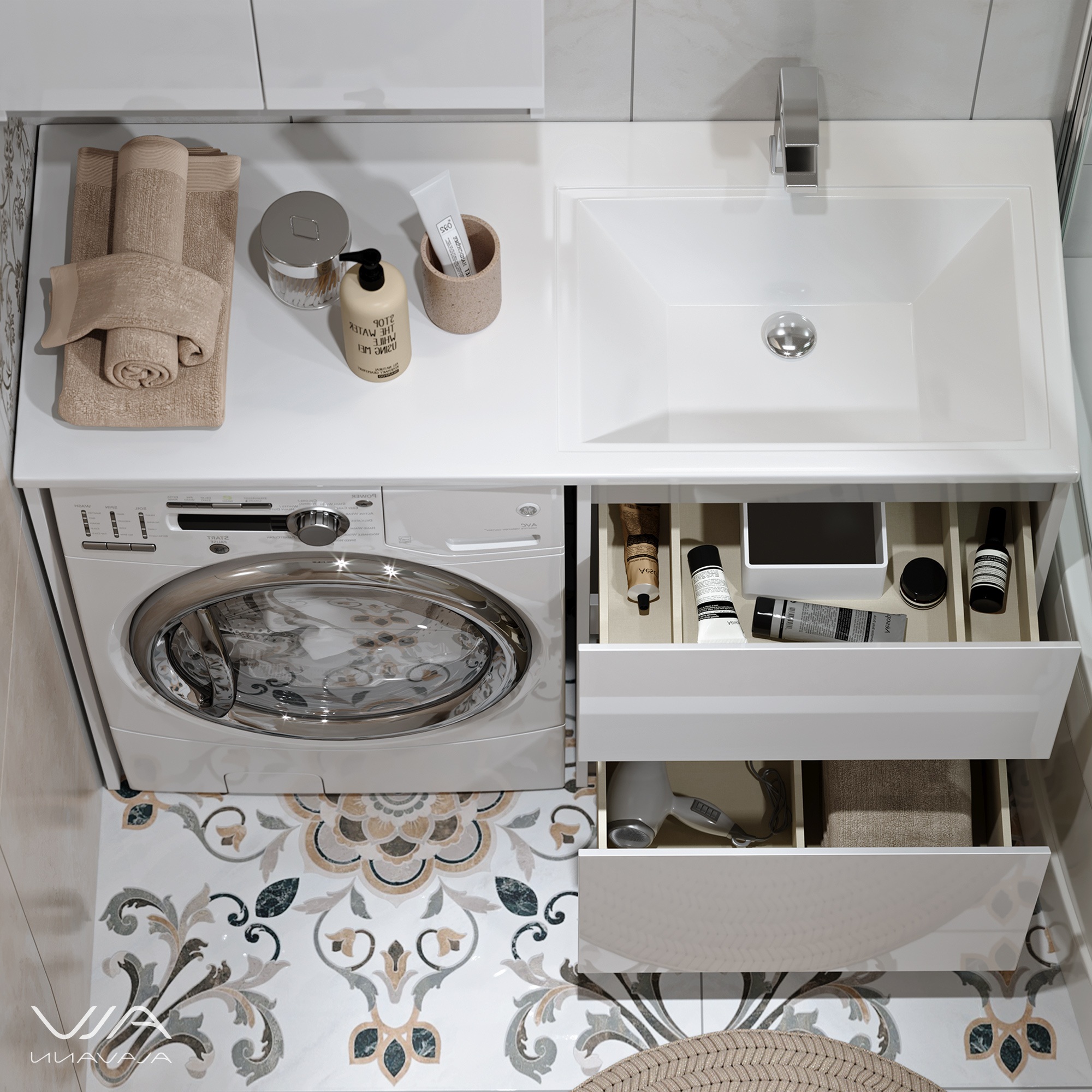 Тумба Alavann Soft Silver 53 с раковиной под стиральную машину Даллас 120 R, белая