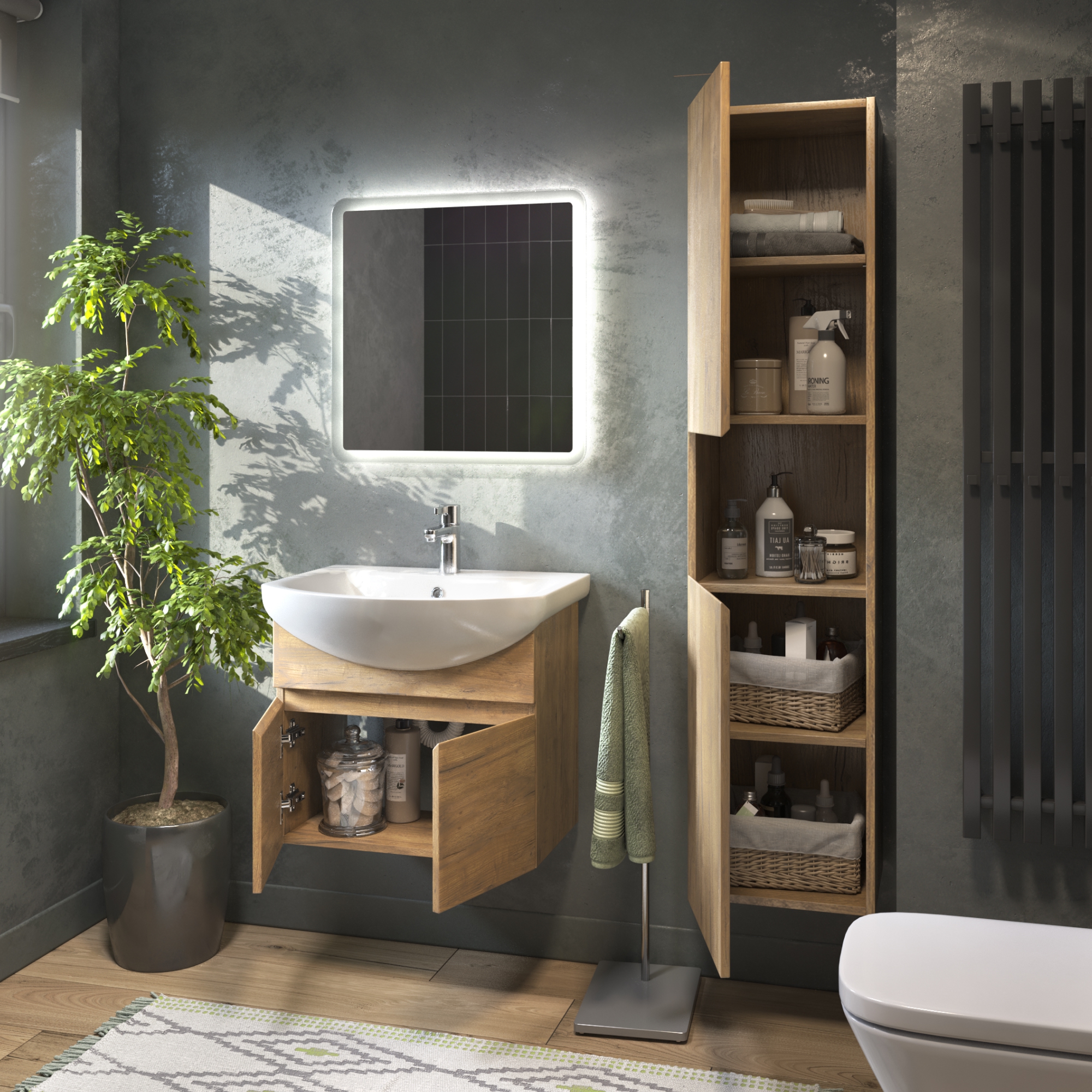 Тумба подвесная Vigo Wing 60 с раковиной Балтика 60, 2 двери, дуб золотой