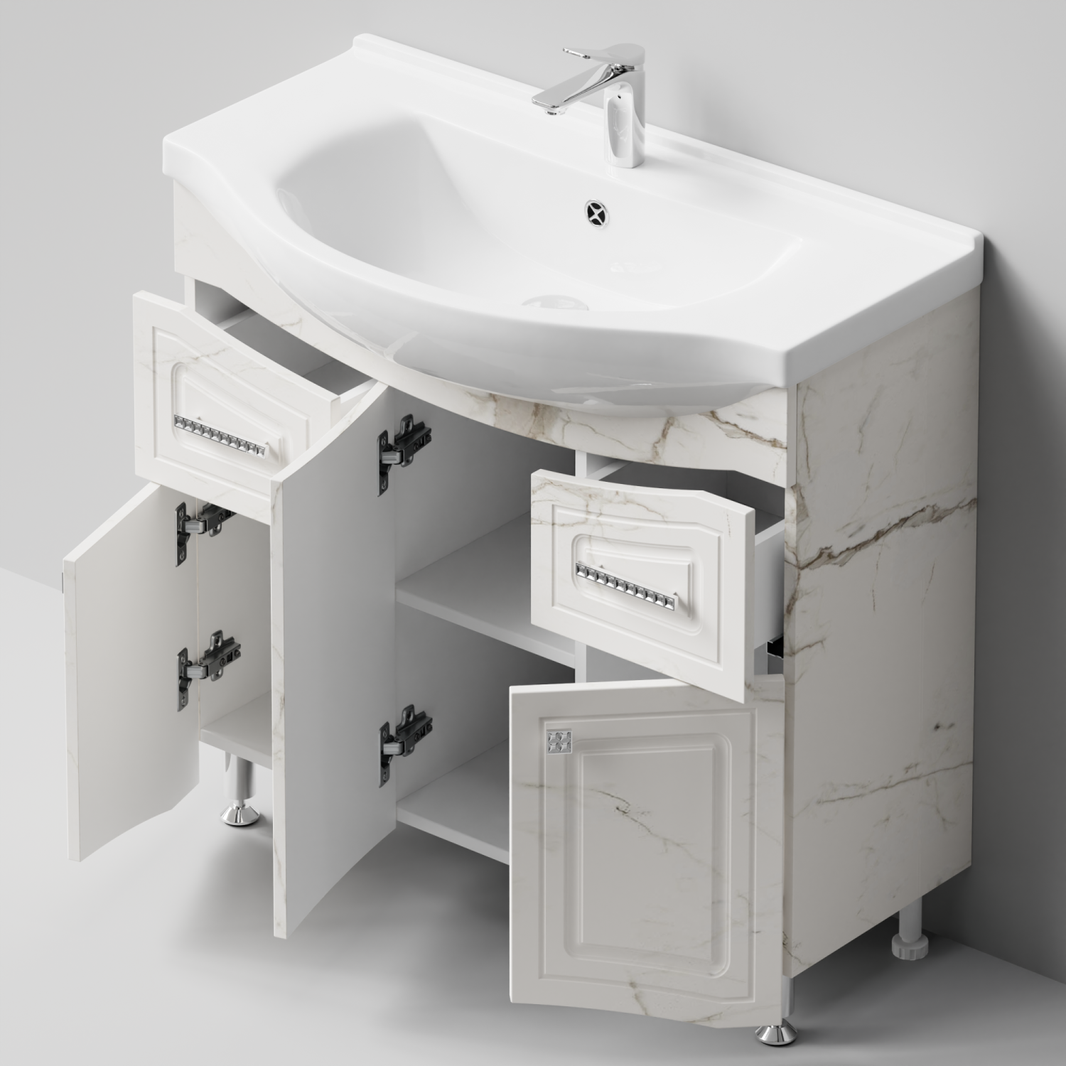 Тумба с раковиной Адам 90 напольная, Мрамор Белый натур милк, петли слева
