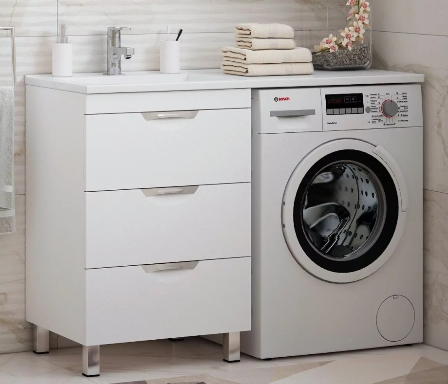 Тумба напольная Corozo Алиот 57 с раковиной Мадлен 120 L, под стиральную машину, белая