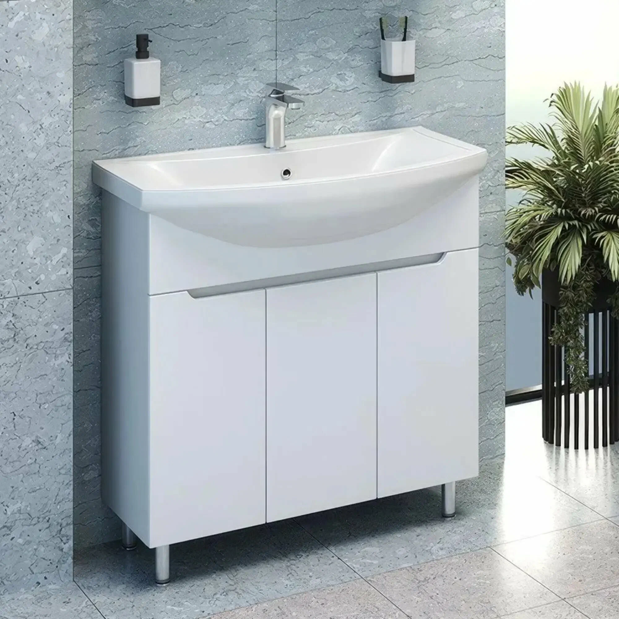 Тумба Emmy Агата с раковиной Балтика 80 напольная, 3 двери, белая