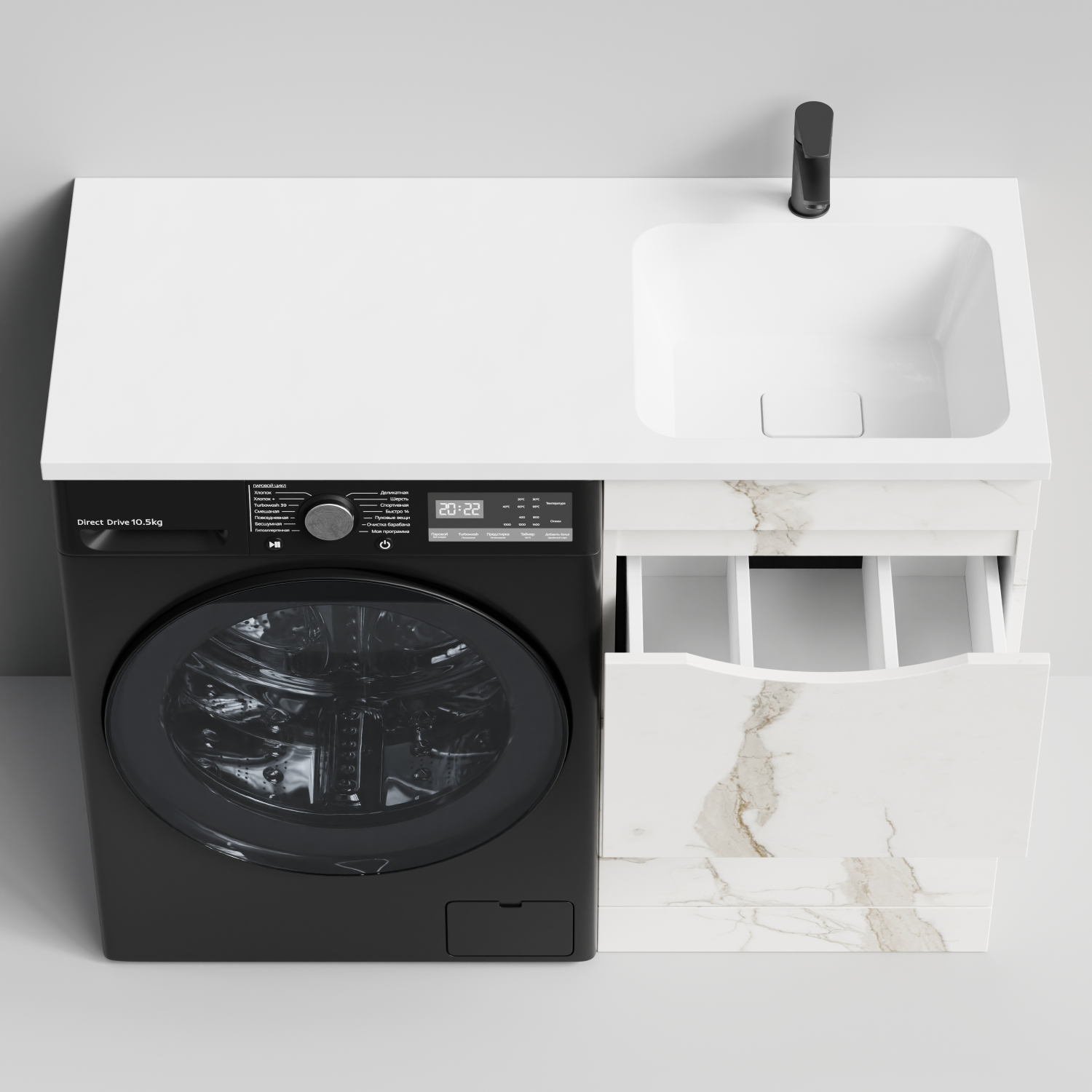 Тумба Vod-ok 48 с раковиной Смайл 110 напольная, под стиральную машину, правая, Мрамор Белый натур милк