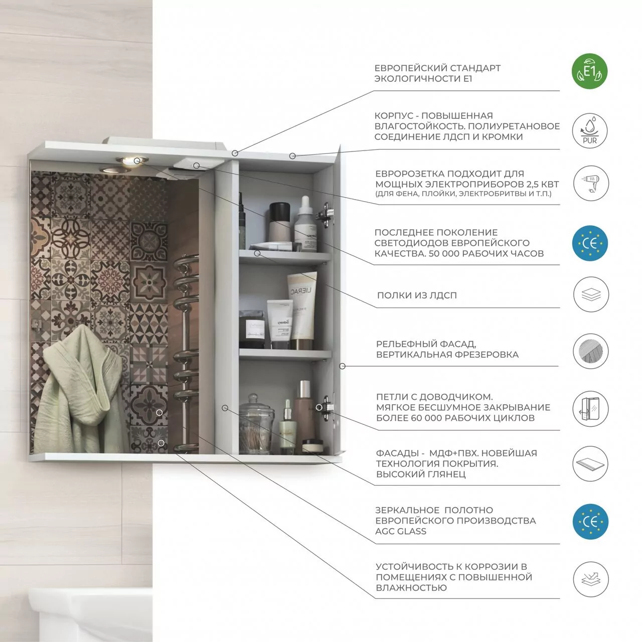 Зеркало со шкафчиком Vigo Diana 50 R свет, белый