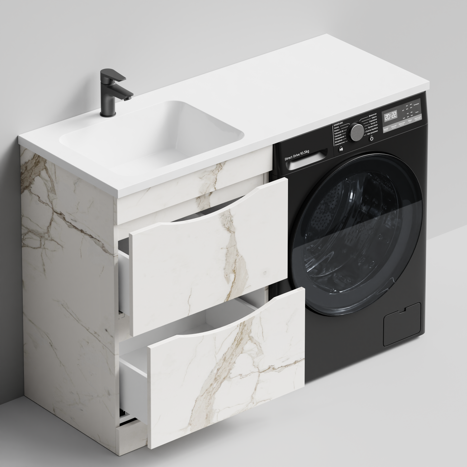 Тумба Vod-ok 58 с раковиной Смайл 120 напольная, под стиральную машину, левая, Мрамор Белый натур милк