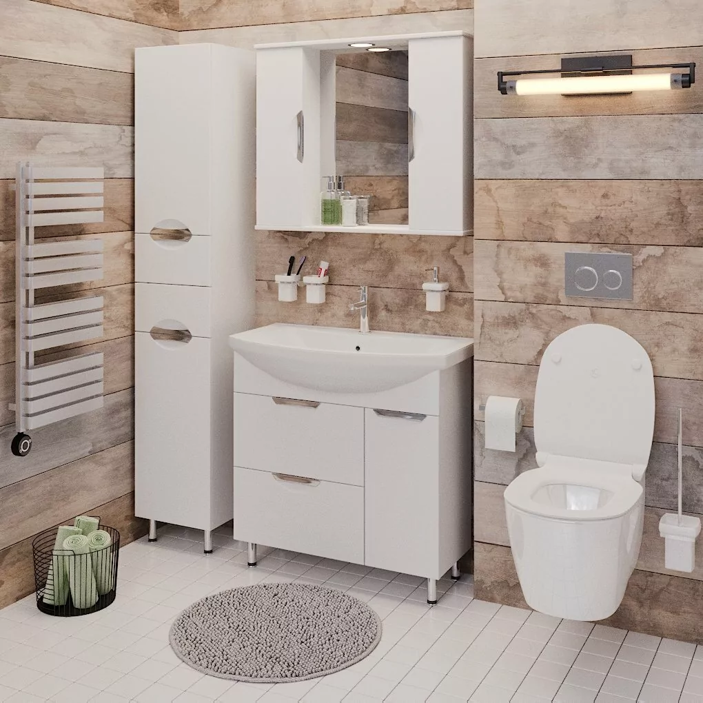 Тумба Emmy Милли с раковиной Балтика 80 правая, напольная, 2 ящика, 1 дверь, белая