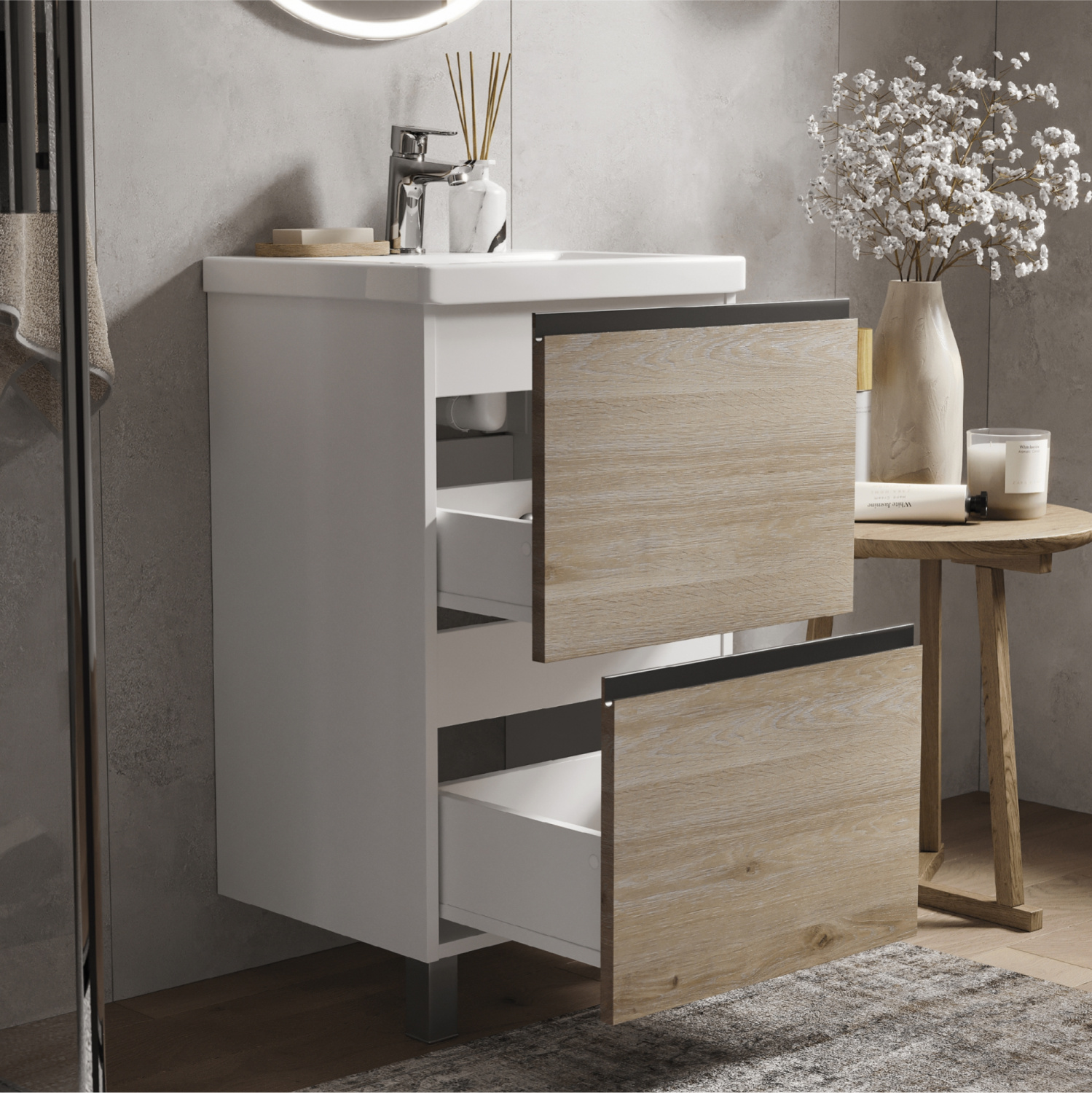 Тумба напольная Vigo Cross 500-0-2 с раковиной Como 50, 2 ящика, белый