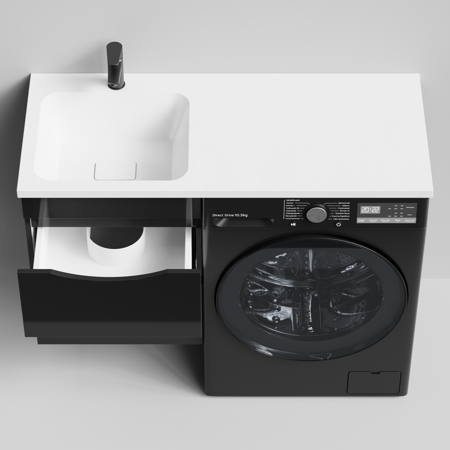 Тумба Vod-ok 48 с раковиной Смайл 110 подвесная, под стиральную машину, левая, черный глянец