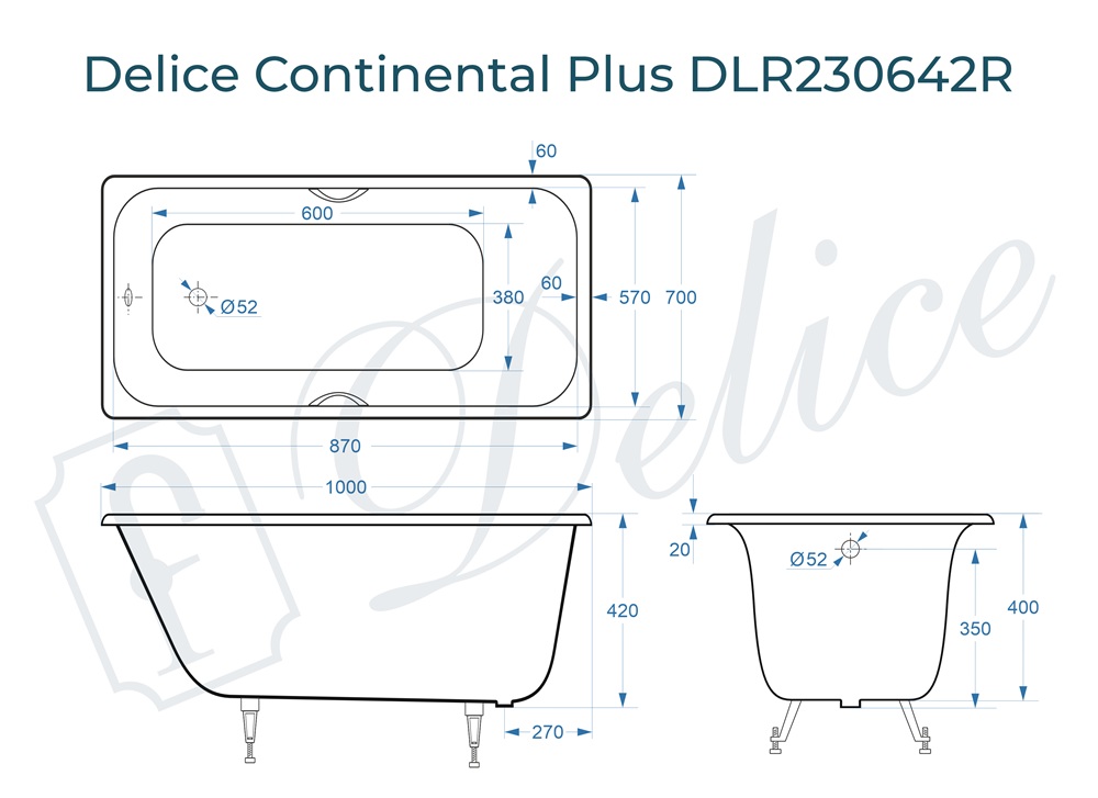 Ванна чугунная Delice Continental PLUS 100х70 DLR230642R с отверстиями под ручки