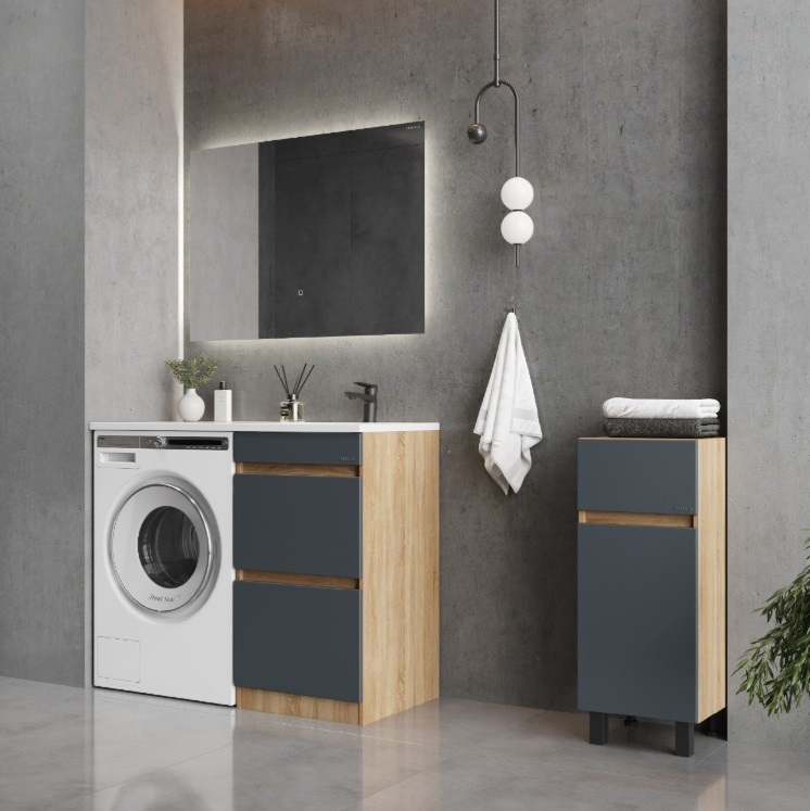 Тумба напольная Onika Милтон 58 с раковиной Марсал 120 под стиральную машину, правая, серая/дуб сонома