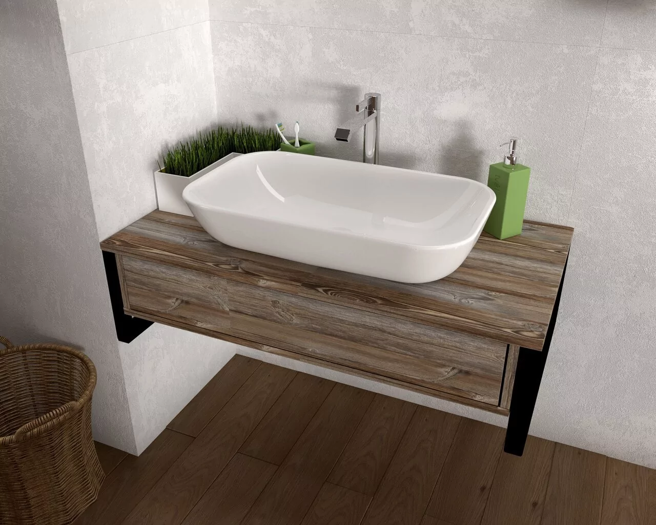 Тумба подвесная 1Marka Grunge loft 80П с раковиной Roll 53, 1 ящик, дуб намибия