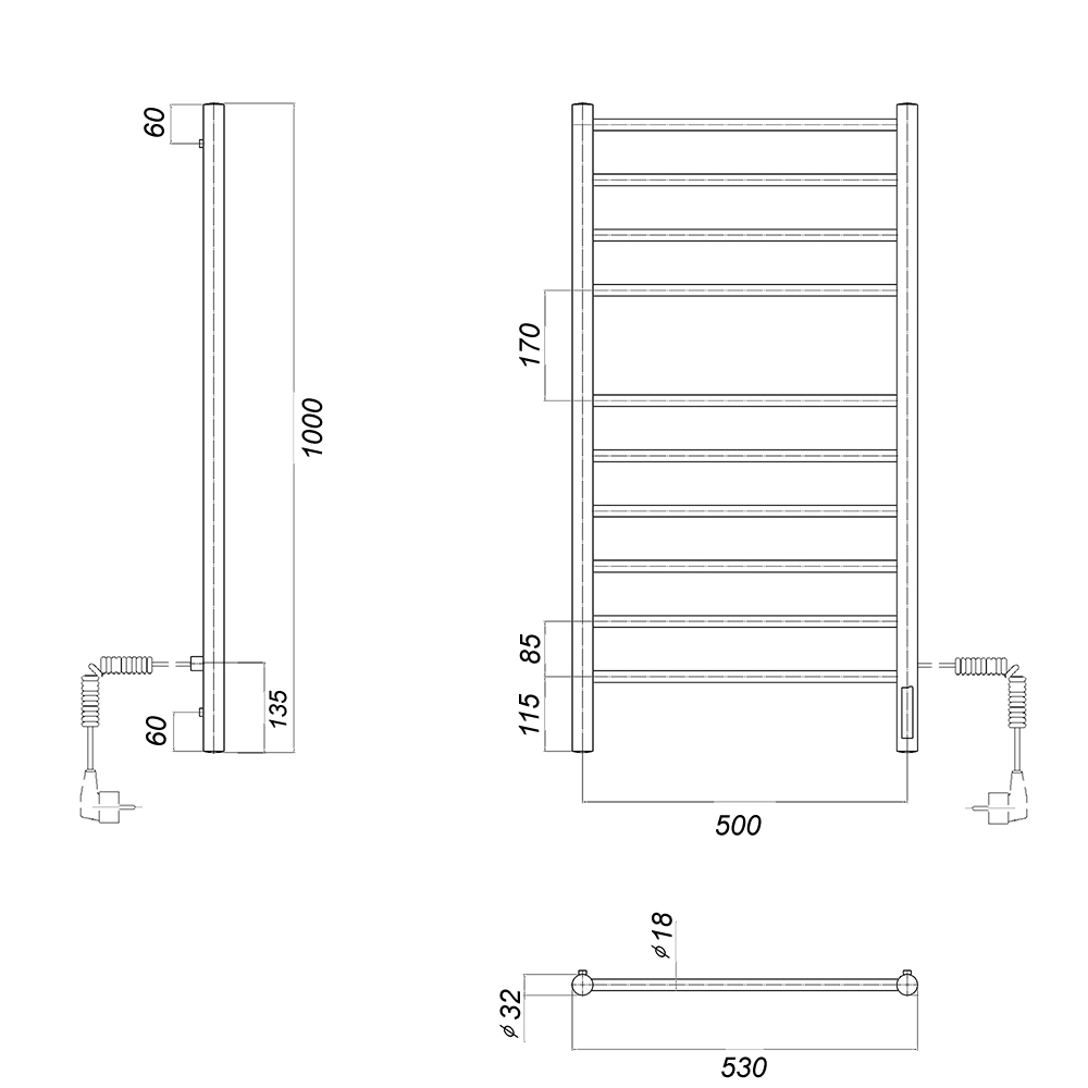 Полотенцесушитель электрический Domoterm Медея П10 500х1000 EK R хром