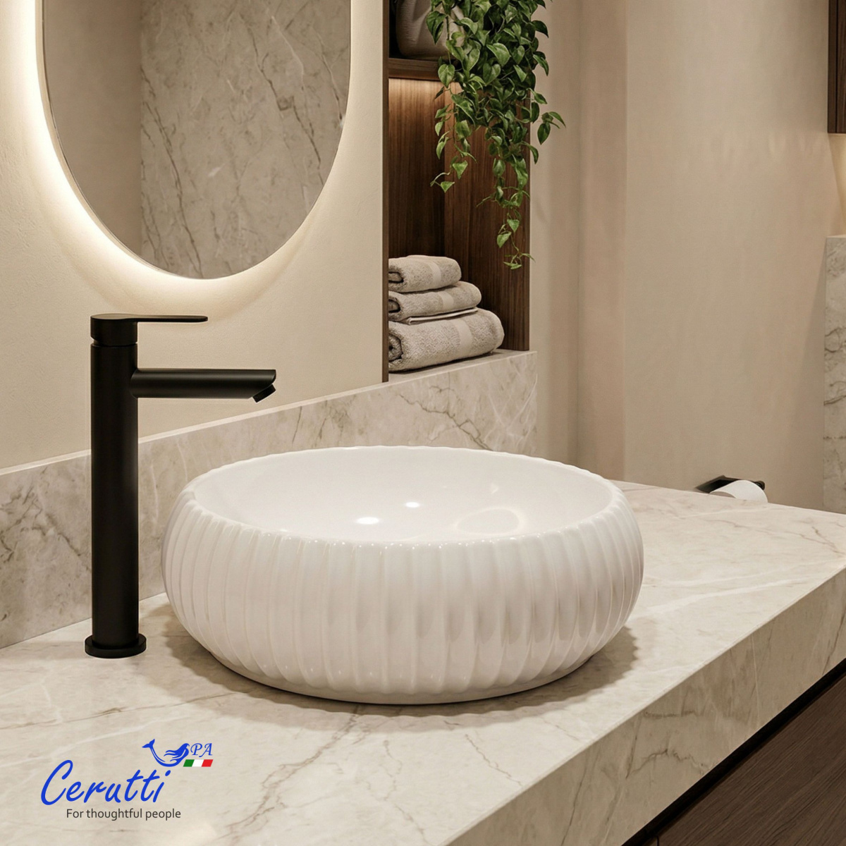 Раковина Ceruttispa CR0007 накладная, белая, круглая, ребристая 405х405х130 от магазина Vanna-Vanna.ru!