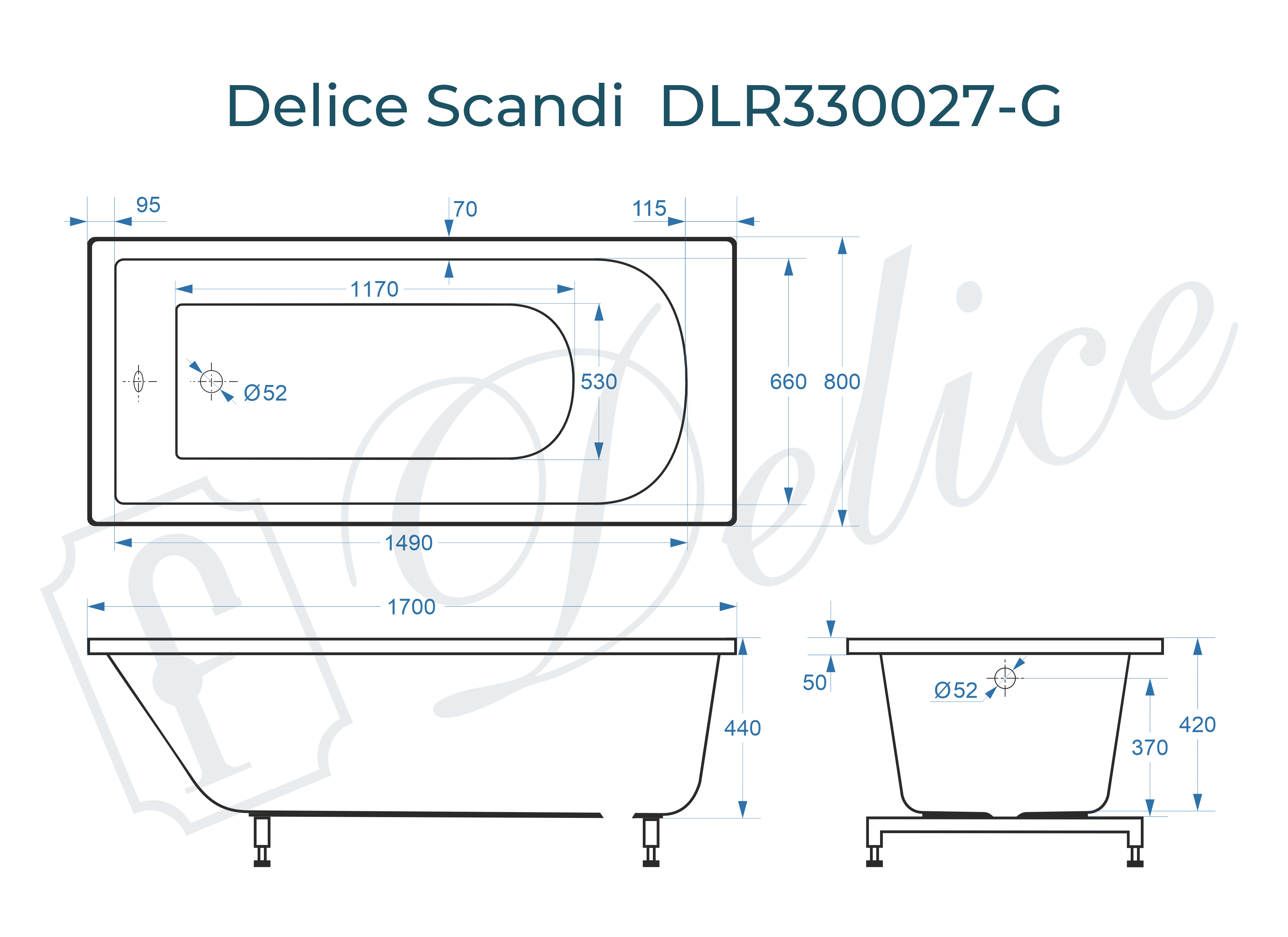 Ванна из литьевого мрамора Delice Scandi 175х70 глянцевая DLR330028-G