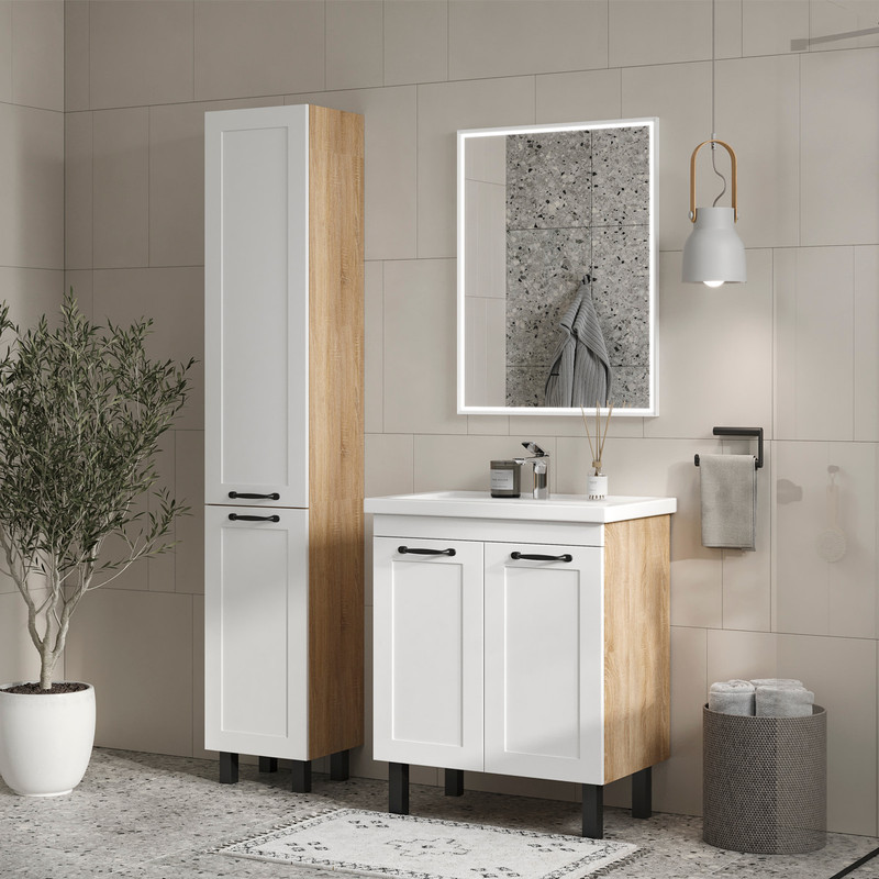 Тумба с раковиной EQUIL Lago 70 напольная, 2 двери, белый/дуб сонома