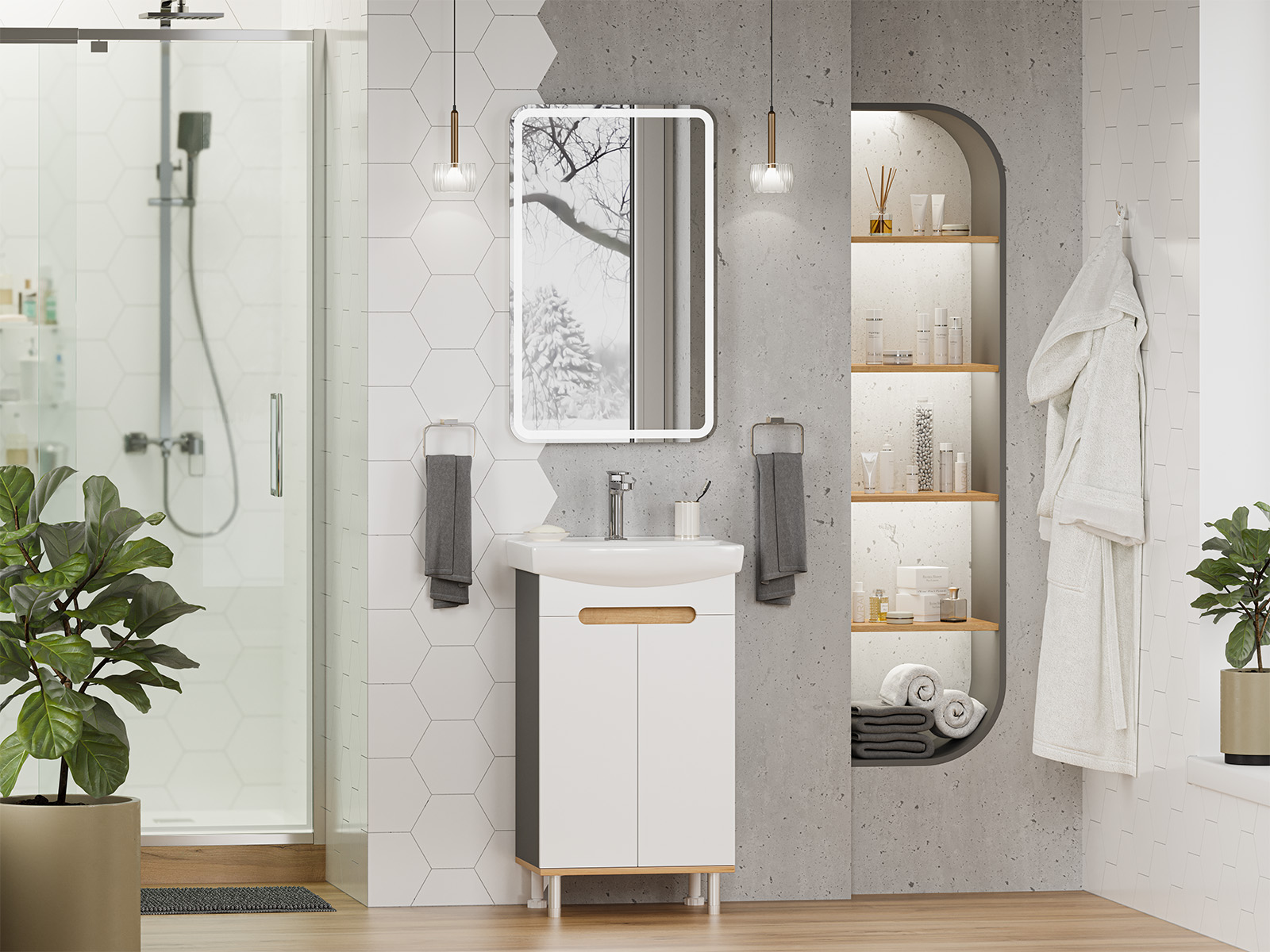 Тумба с раковиной Misty Сканди 50 белый/дуб крафт золотой