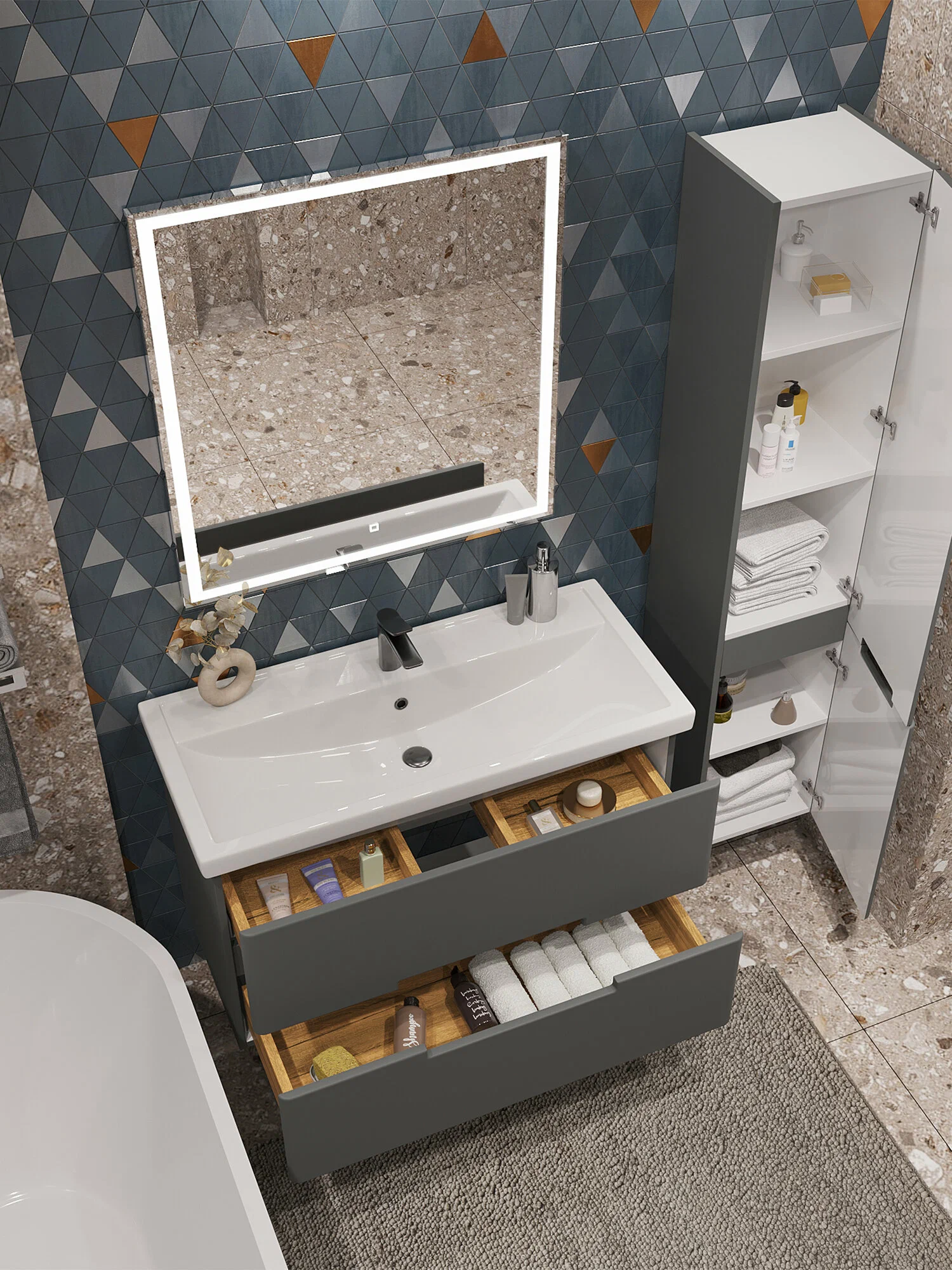 Тумба подвесная SanStar Noche 100 с раковиной Миранда 100 Графит софт